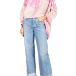 La Vie Pink Beaded Hearts Boyfriend Shirt - Vermillion