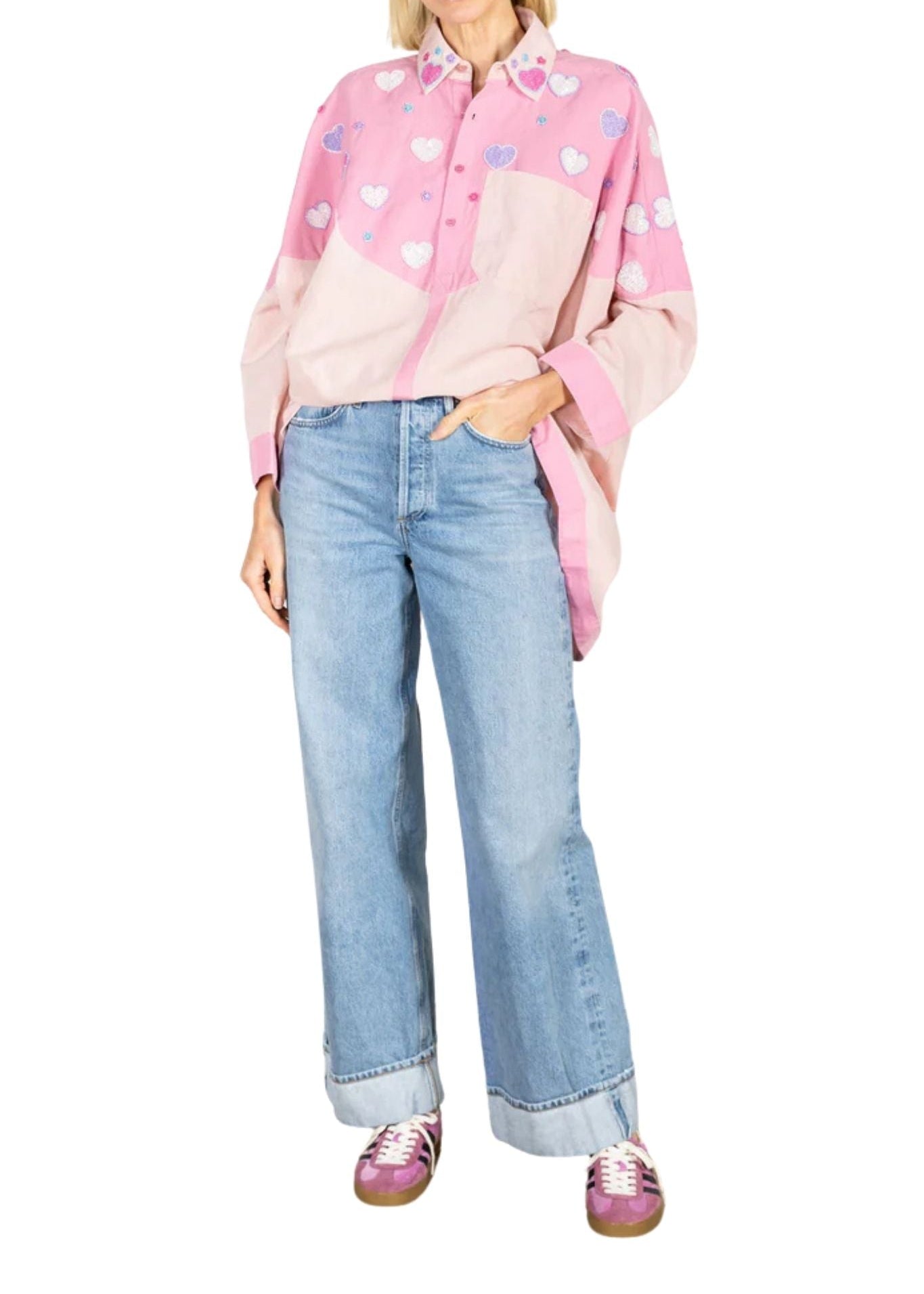 La Vie Pink Beaded Hearts Boyfriend Shirt - Vermillion