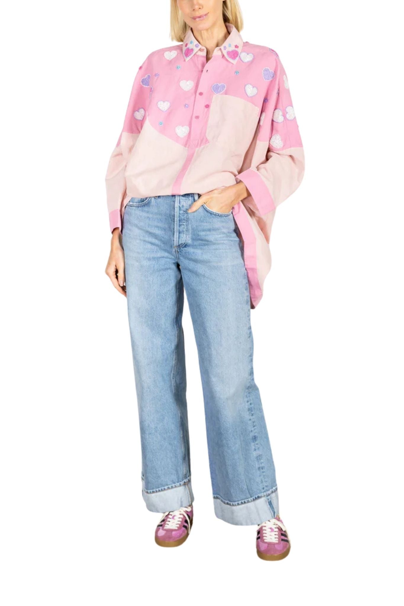 La Vie Pink Beaded Hearts Boyfriend Shirt - Vermillion