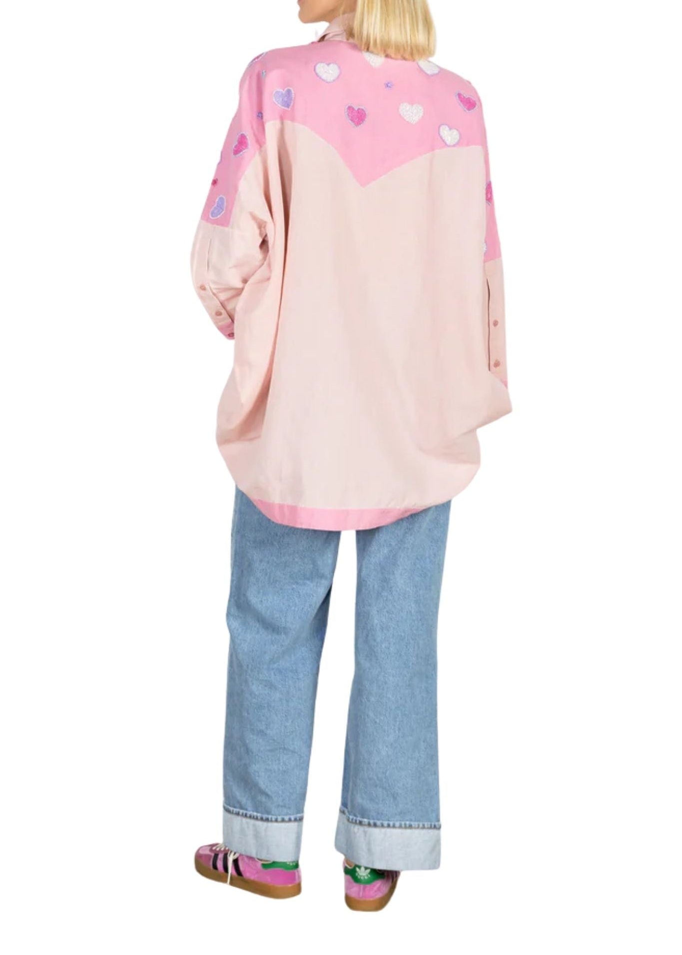 La Vie Pink Beaded Hearts Boyfriend Shirt - Vermillion