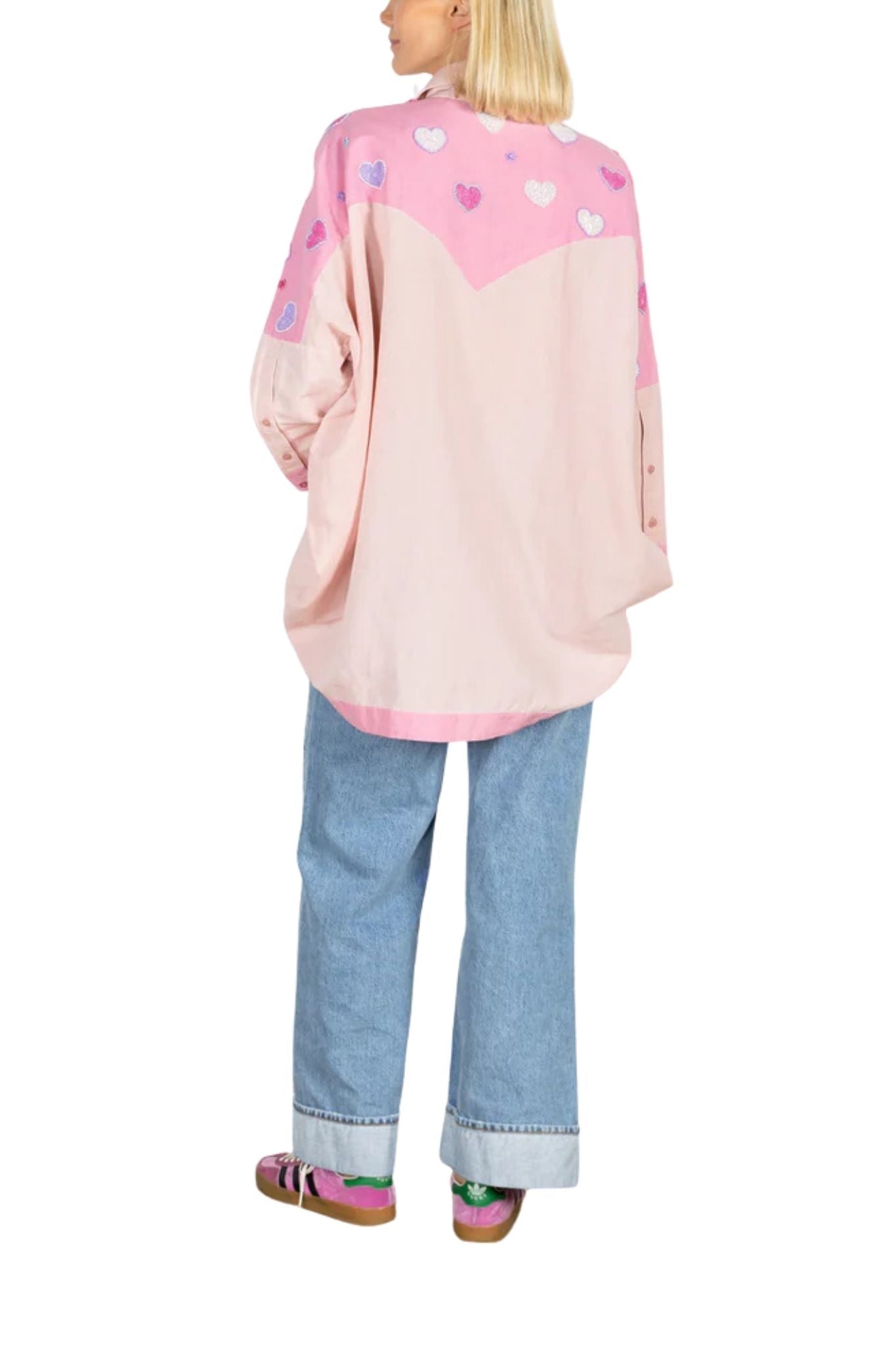 La Vie Pink Beaded Hearts Boyfriend Shirt - Vermillion