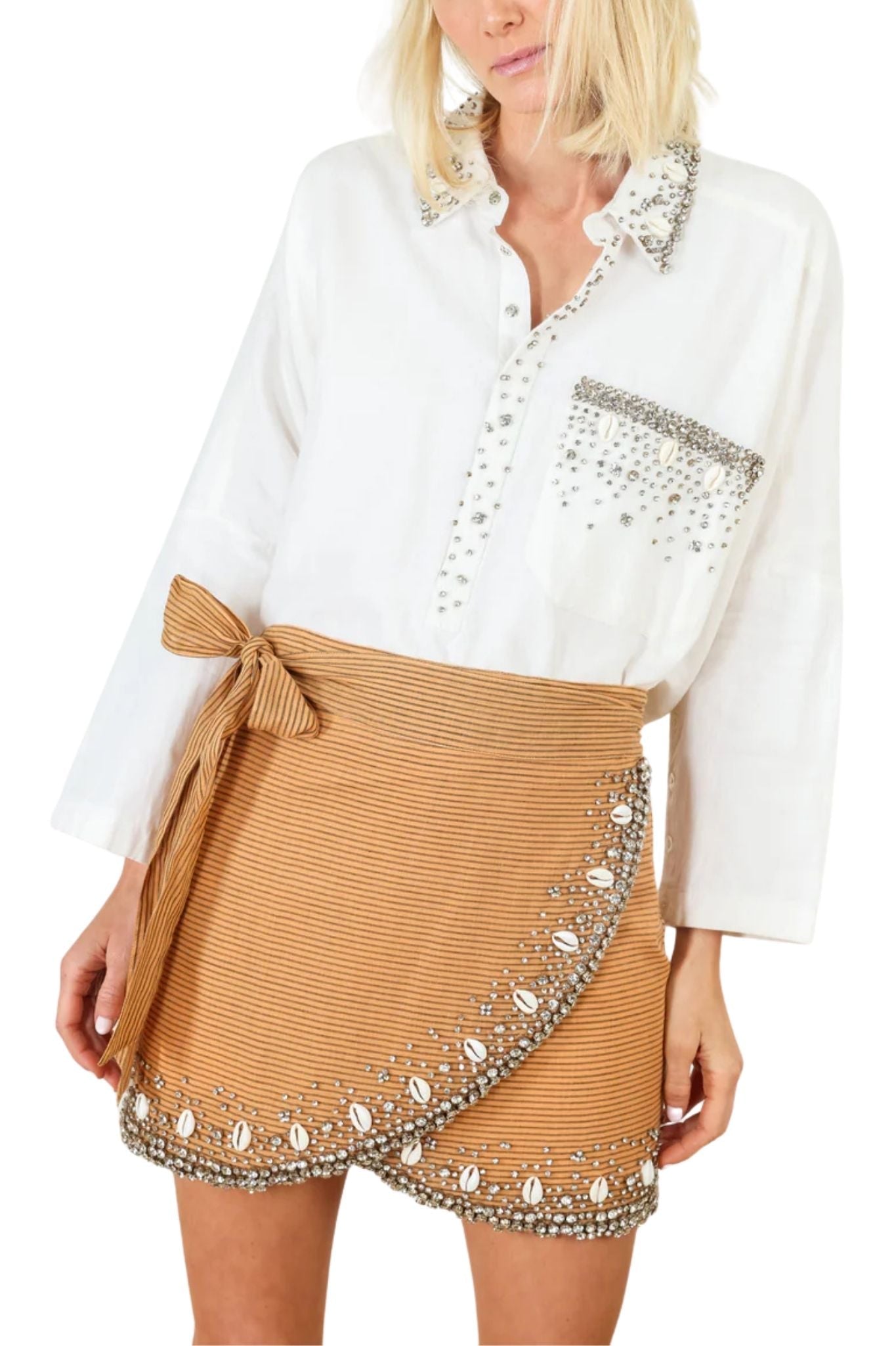 La Vie Sand Stripe Shells MIni Wrap Skirt - Vermillion