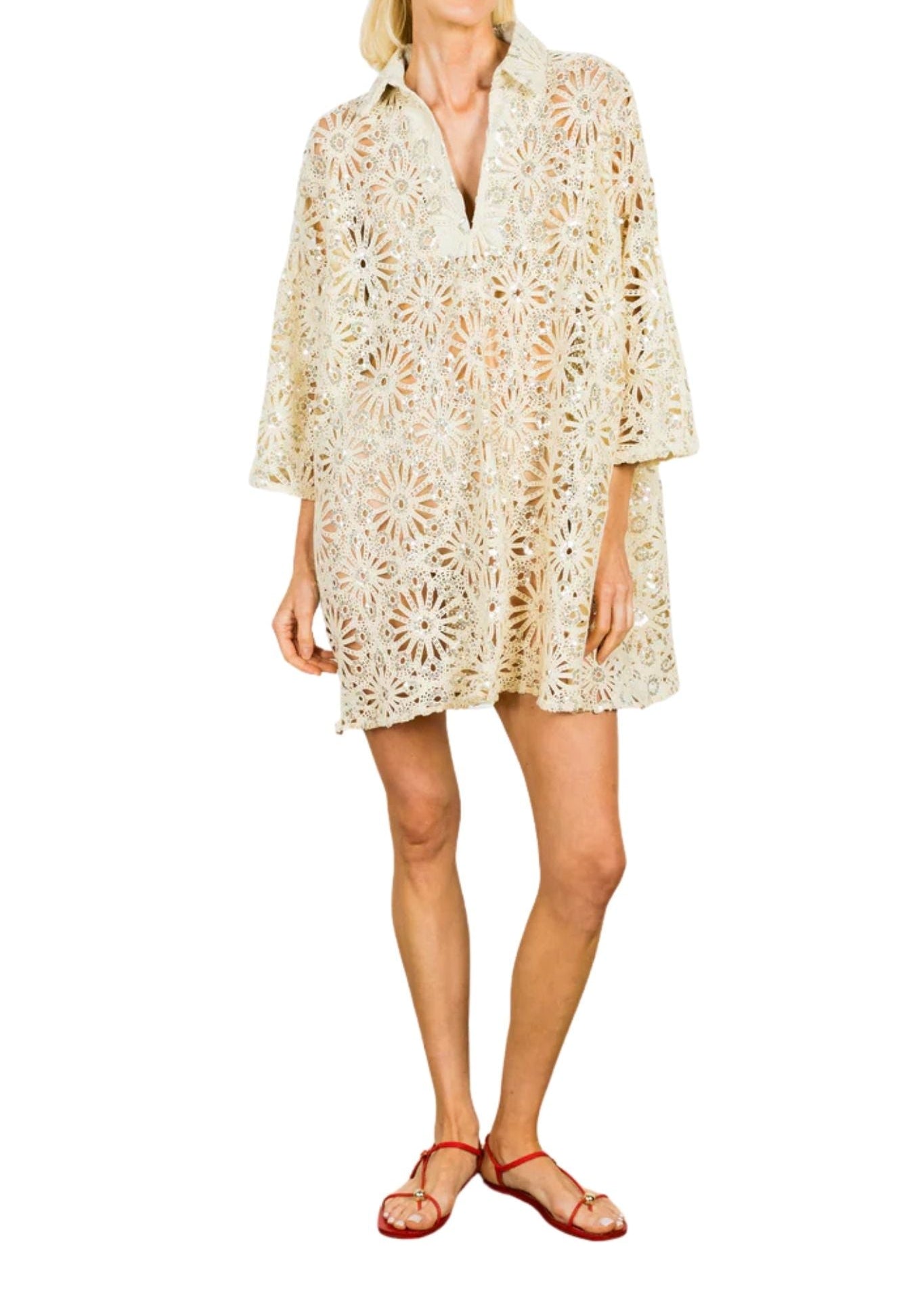 La Vie Sandbar Sequin Crochet Mini Everyday Dress - Vermillion