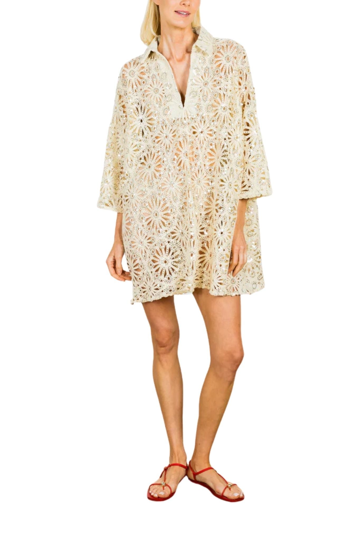 La Vie Sandbar Sequin Crochet Mini Everyday Dress - Vermillion