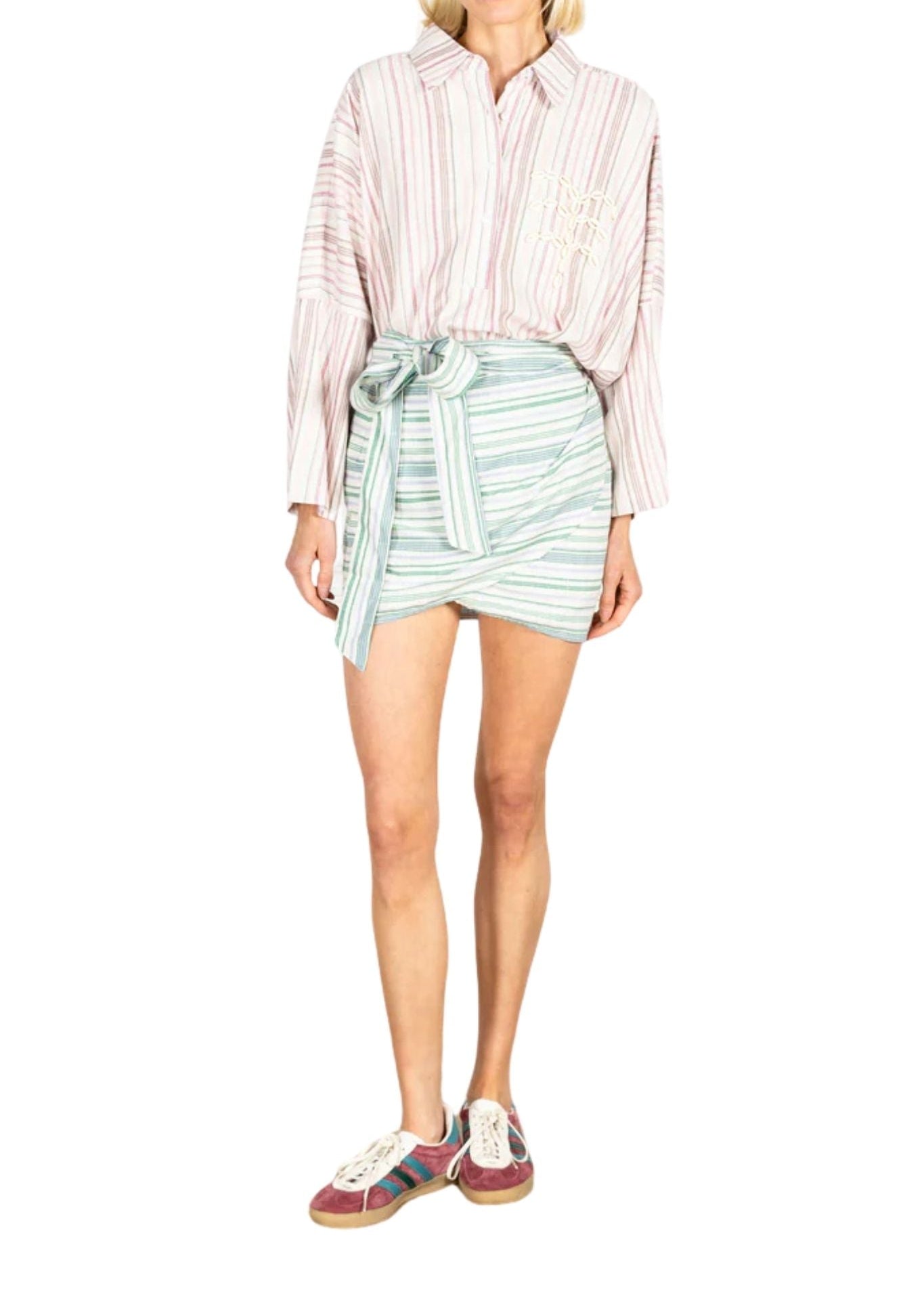La Vie Sea Stripe Linen Mini Wrap Skirt - Vermillion