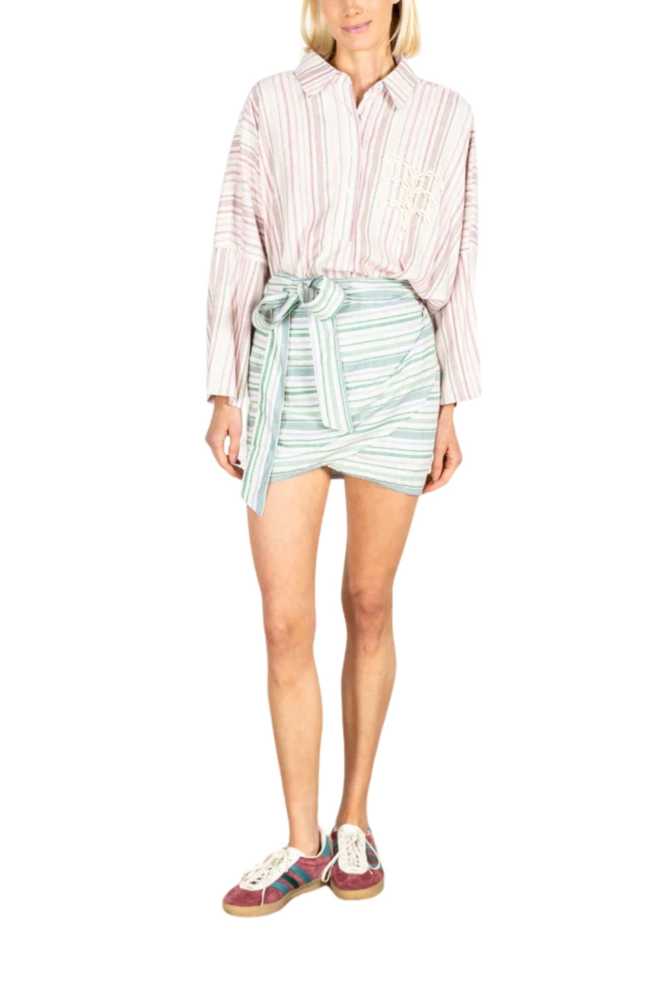 La Vie Sea Stripe Linen Mini Wrap Skirt - Vermillion
