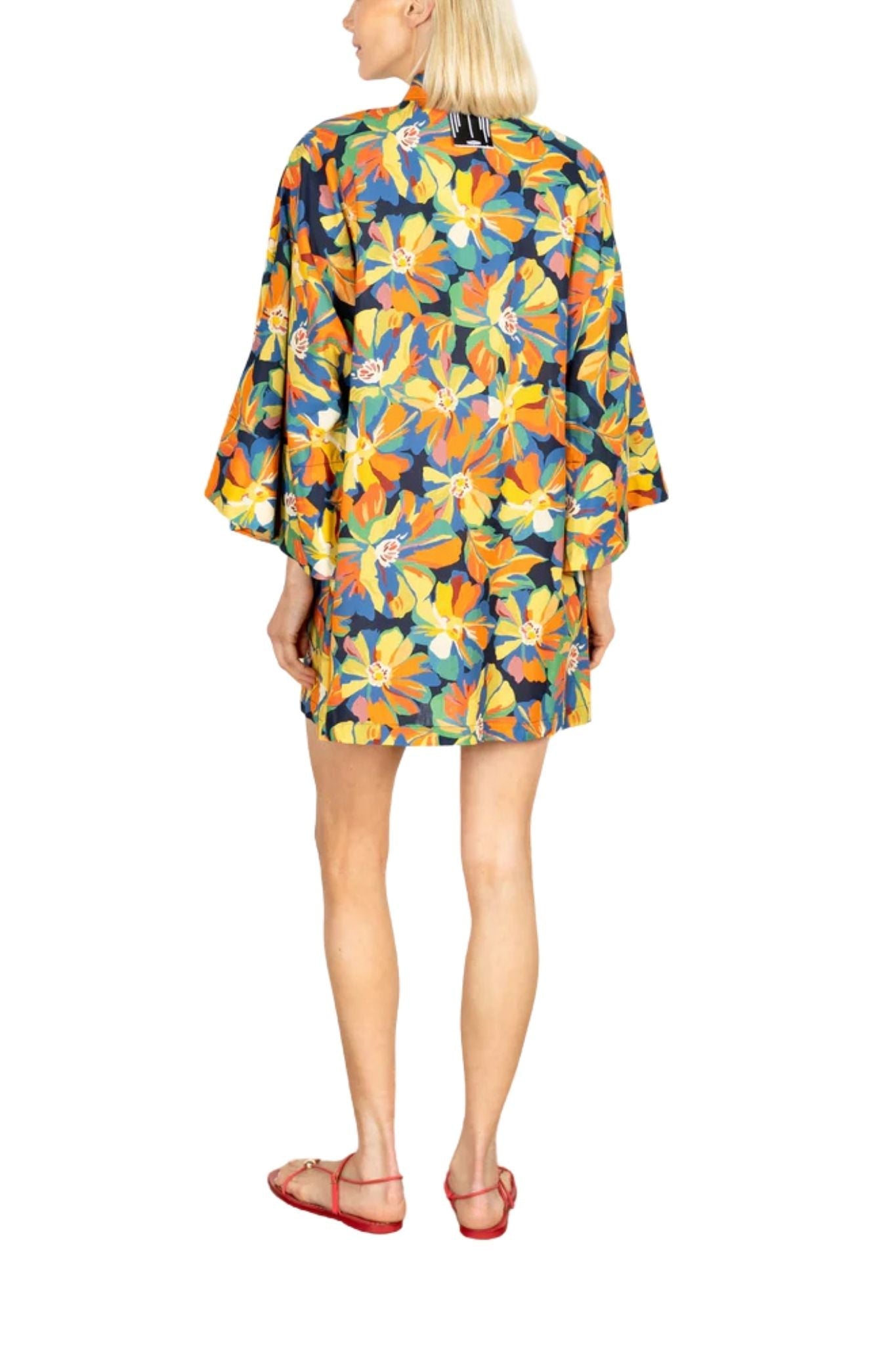 La Vie Sunburst Painted Floral Mini Open Front Caftan - Vermillion