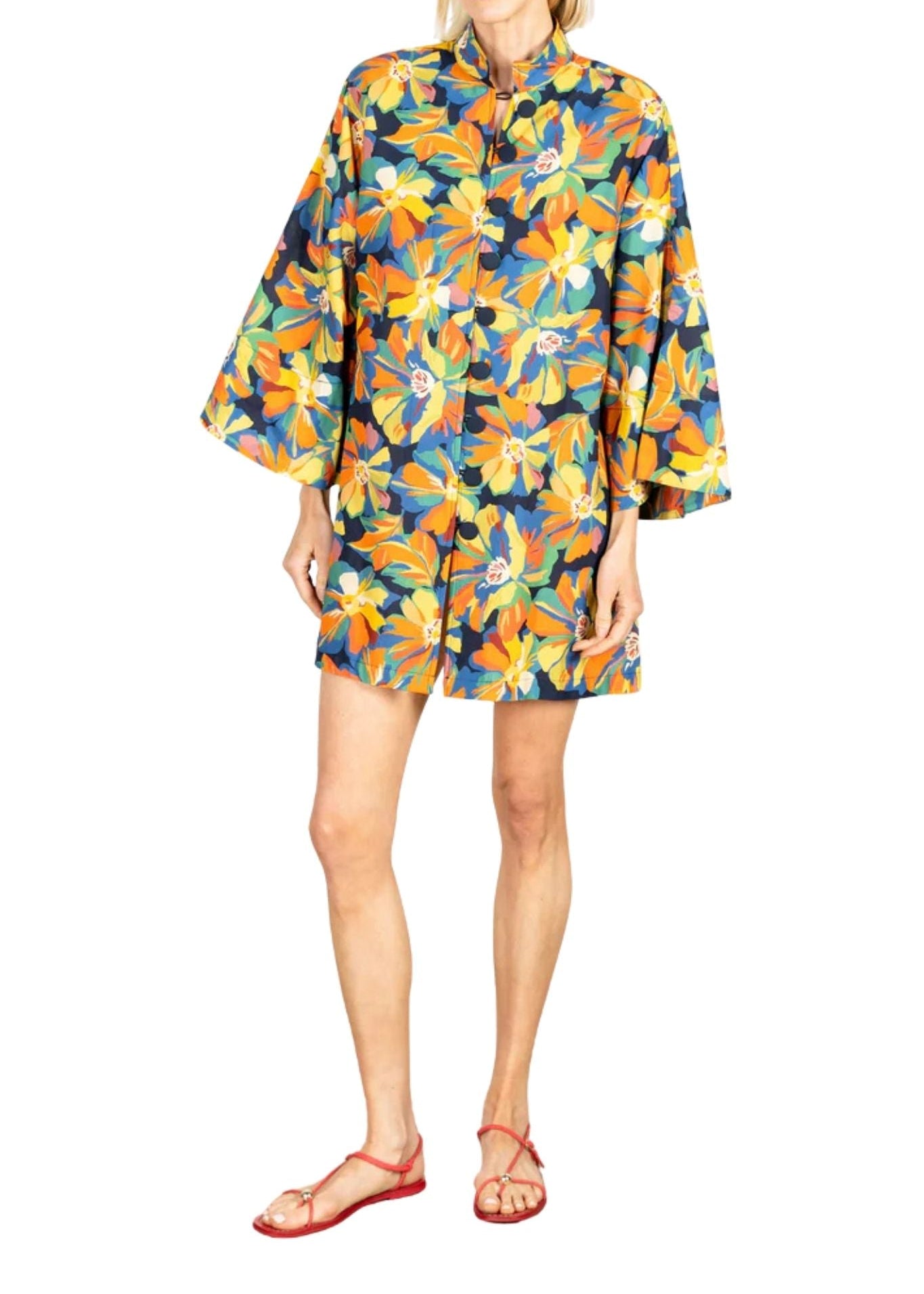 La Vie Sunburst Painted Floral Mini Open Front Caftan - Vermillion