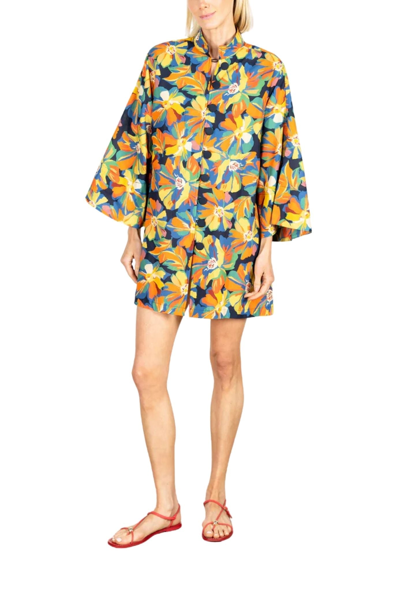 La Vie Sunburst Painted Floral Mini Open Front Caftan - Vermillion