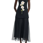 Lela Rose 3D Peony Embroidered Faille V-neck Dress - Vermillion
