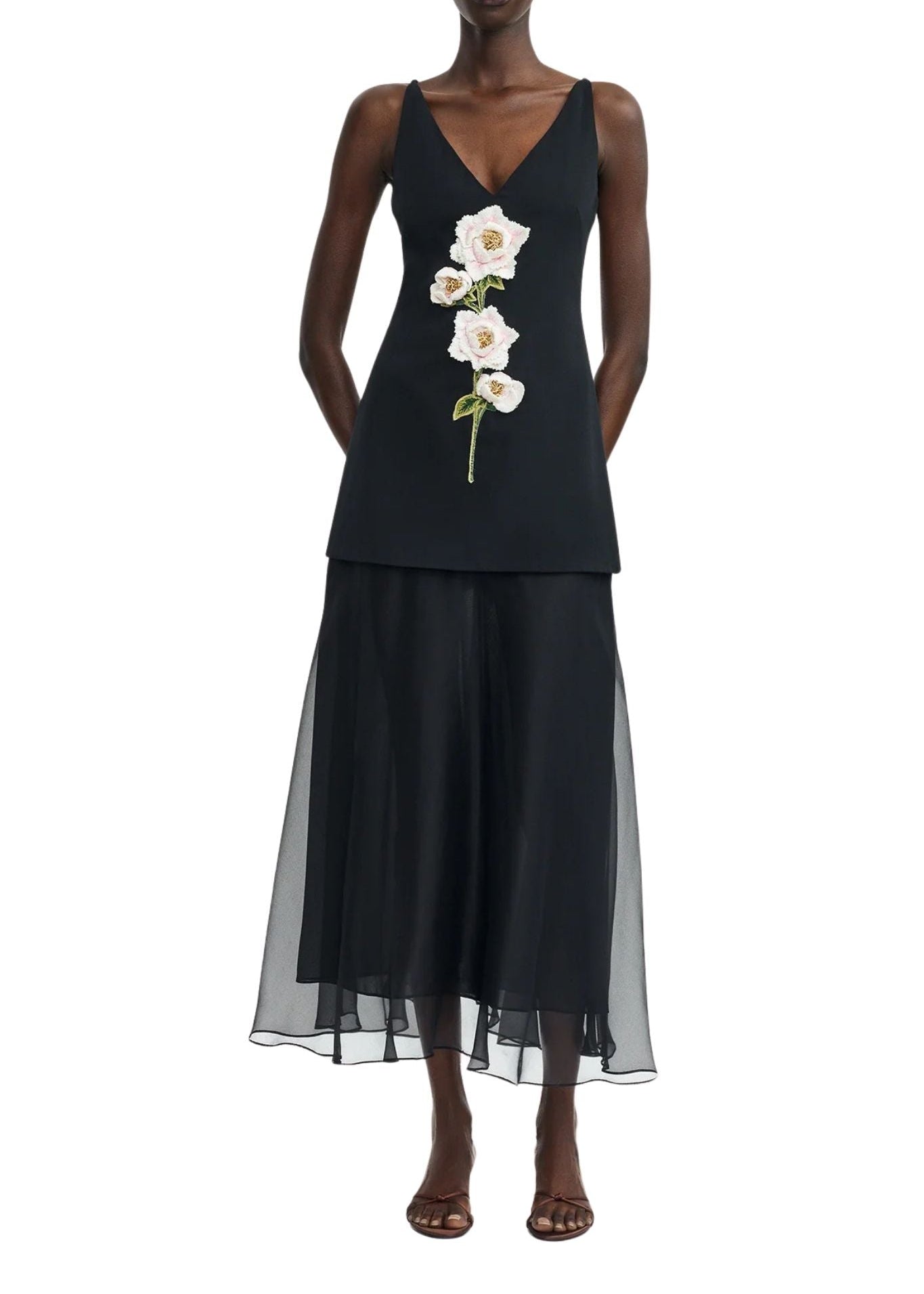 Lela Rose 3D Peony Embroidered Faille V-neck Dress - Vermillion