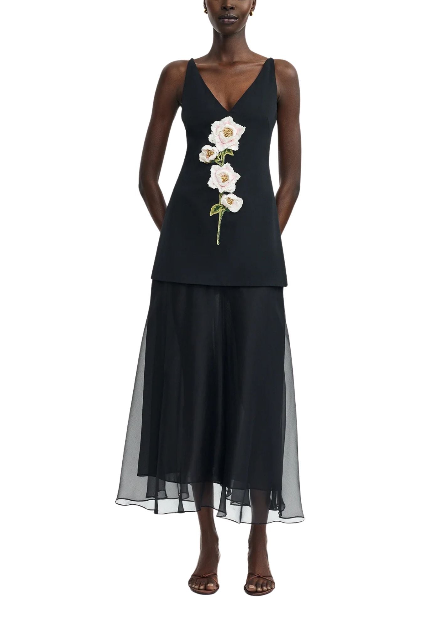 Lela Rose 3D Peony Embroidered Faille V-neck Dress - Vermillion