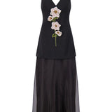 Lela Rose 3D Peony Embroidered Faille V-neck Dress - Vermillion