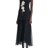 Lela Rose 3D Peony Embroidered Faille V-neck Dress - Vermillion