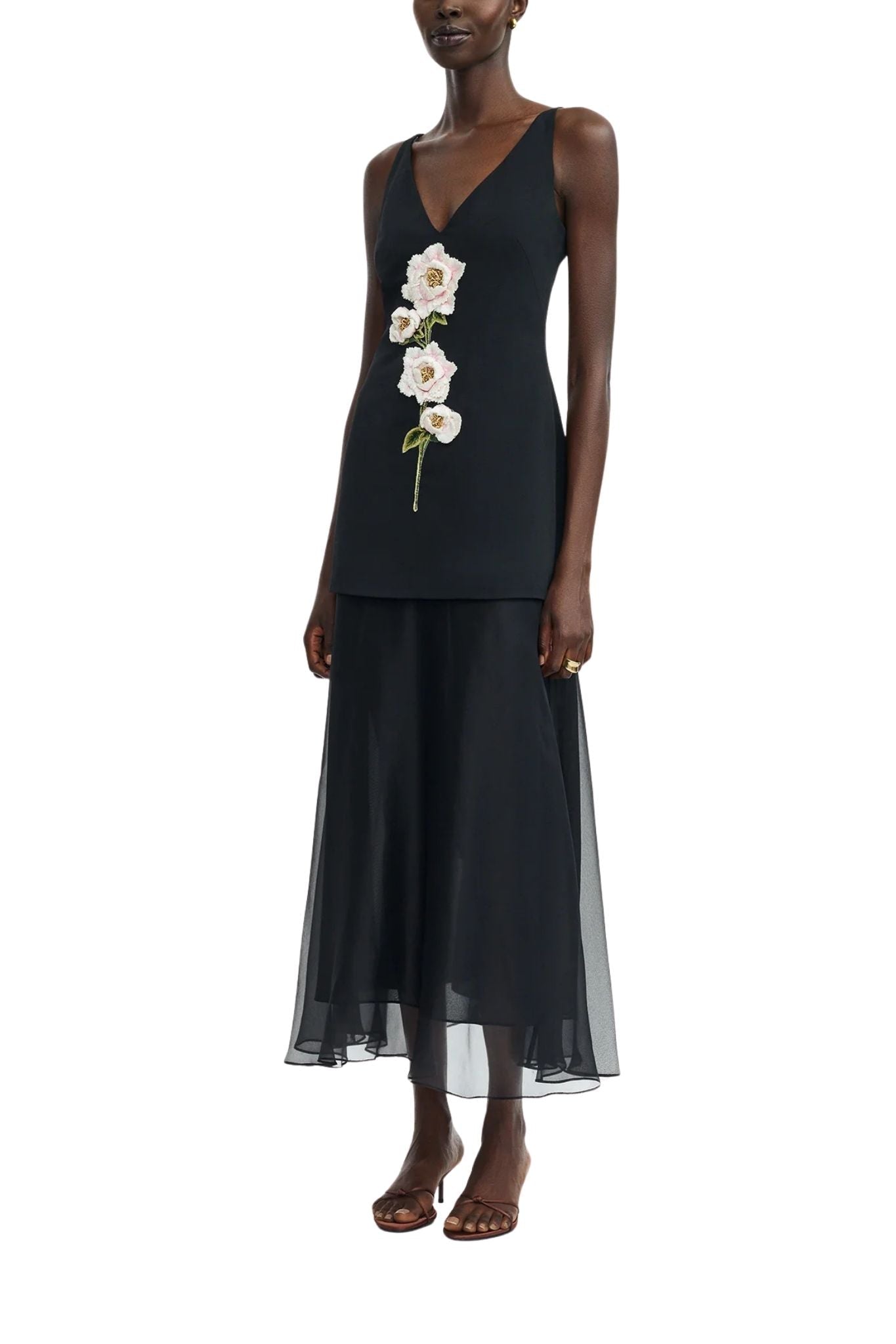 Lela Rose 3D Peony Embroidered Faille V-neck Dress - Vermillion