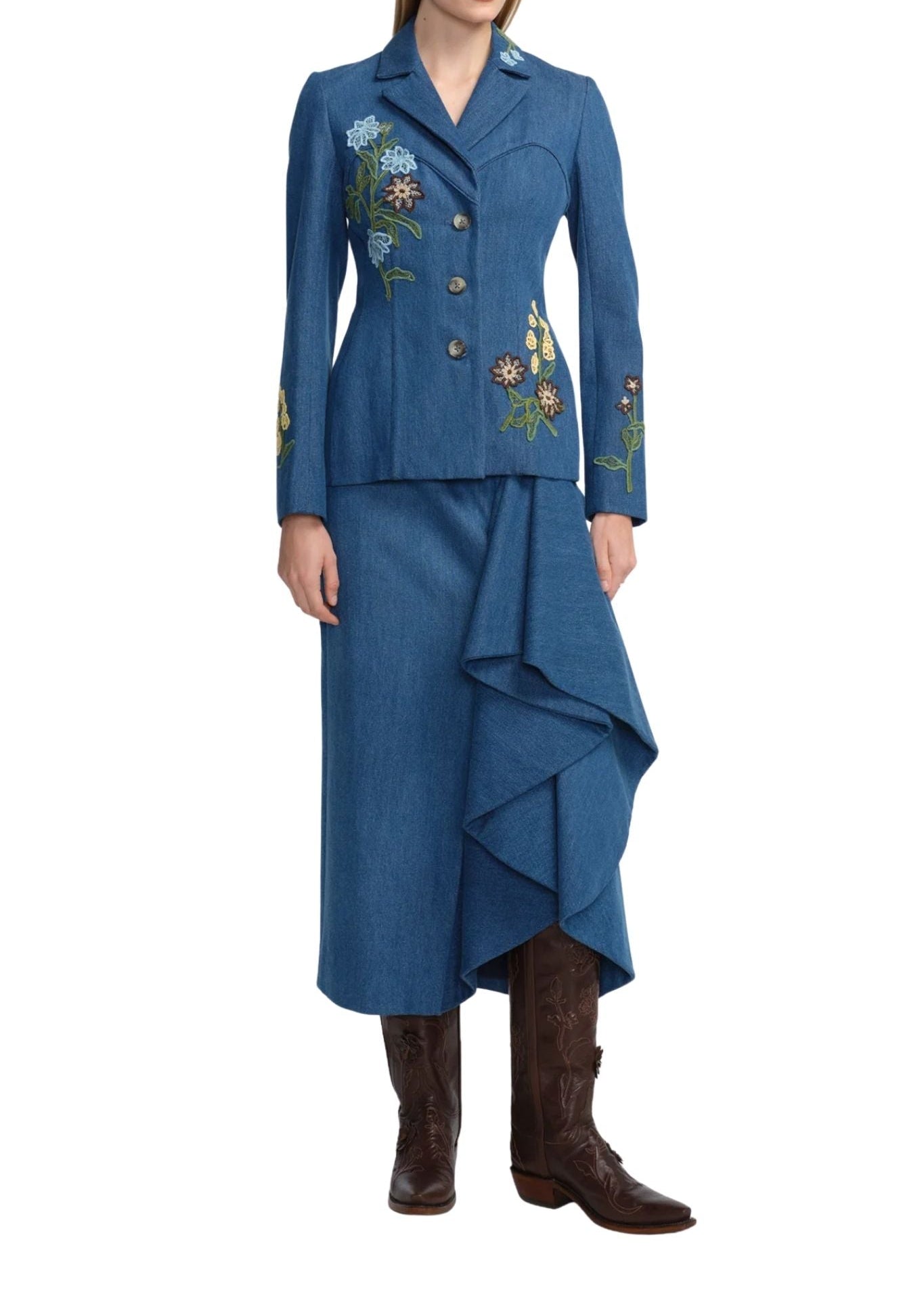Lela Rose Denim Floral Applique Jacket - Vermillion