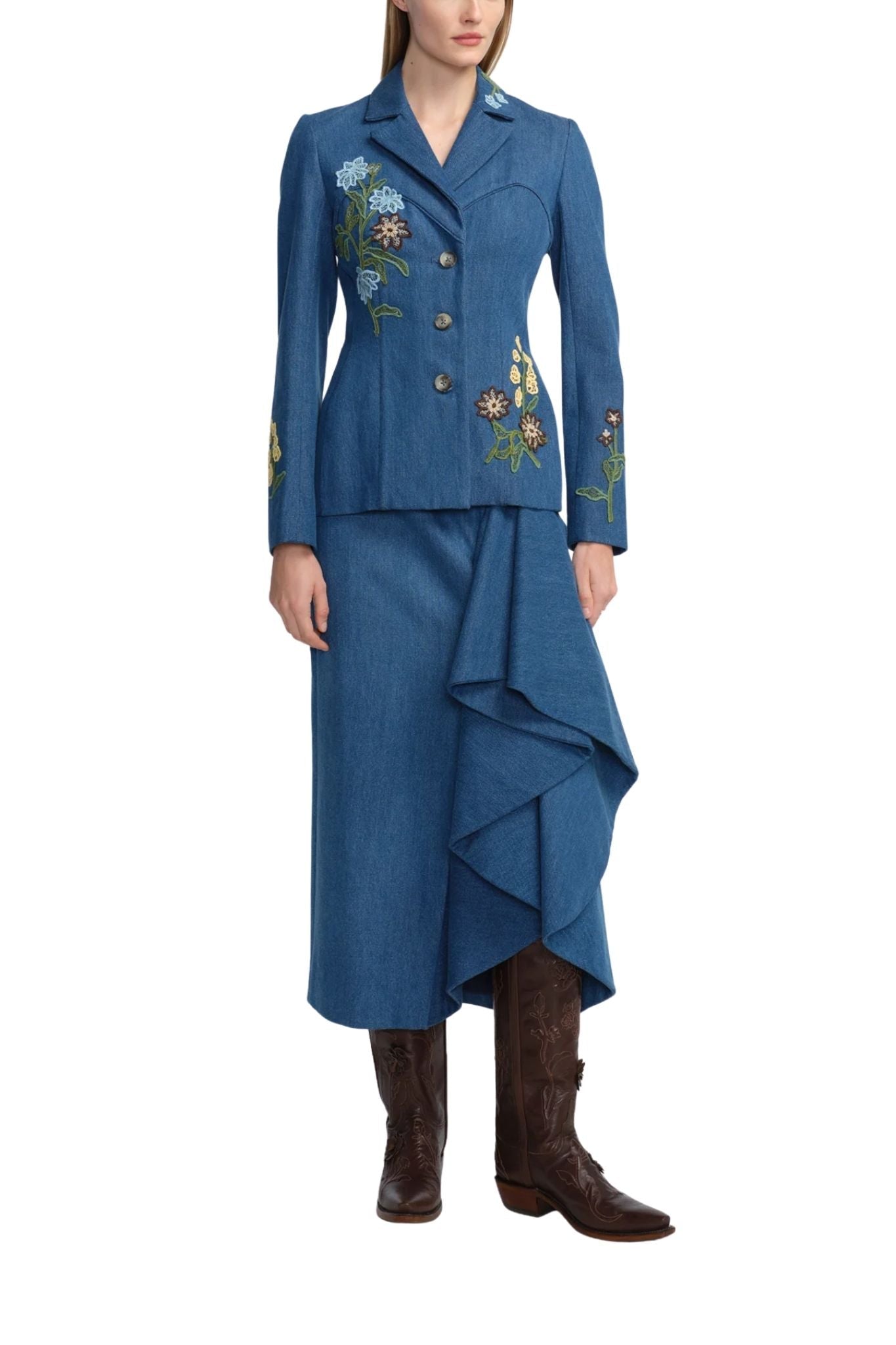 Lela Rose Denim Floral Applique Jacket - Vermillion