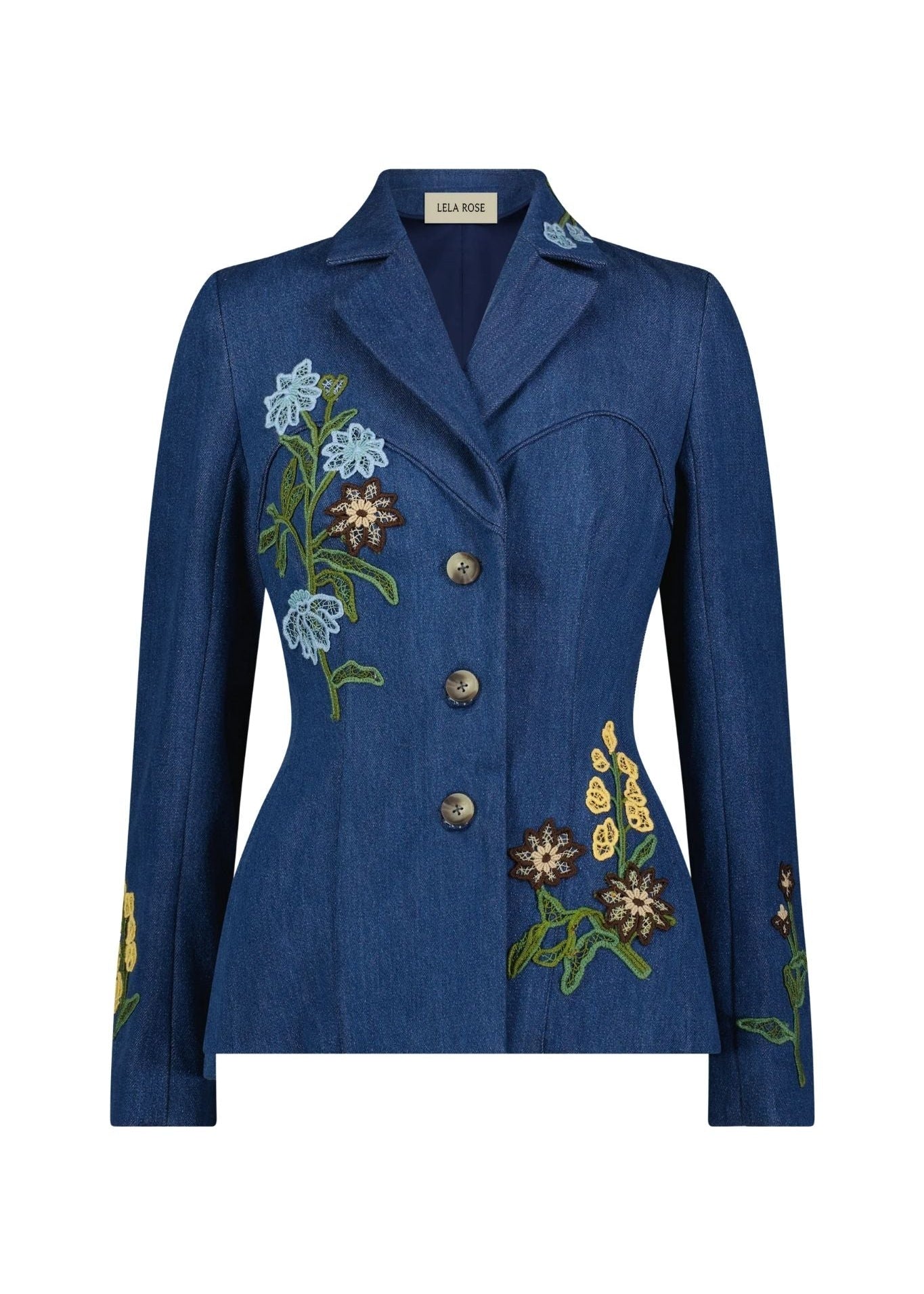 Lela Rose Denim Floral Applique Jacket - Vermillion