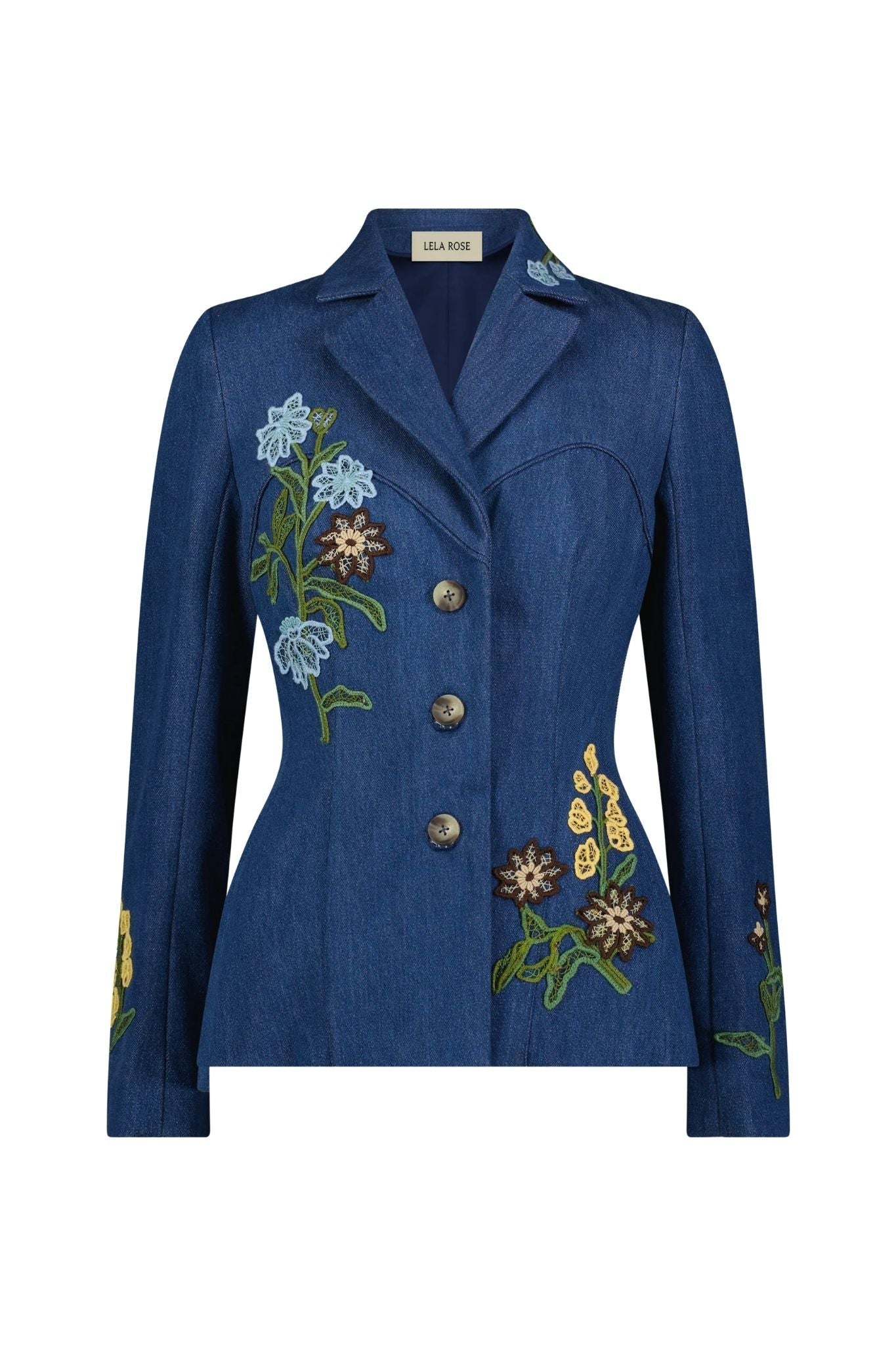 Lela Rose Denim Floral Applique Jacket - Vermillion