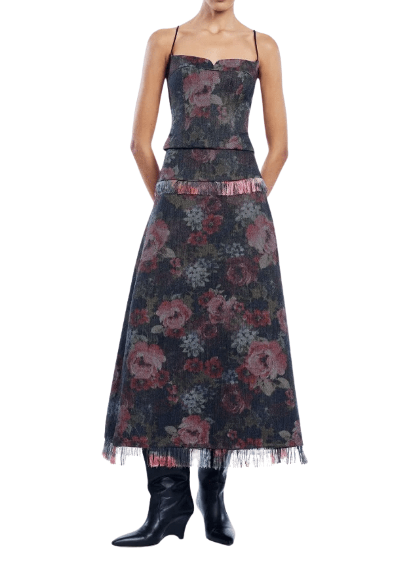 Lela Rose Floral Denim Bustier - Vermillion