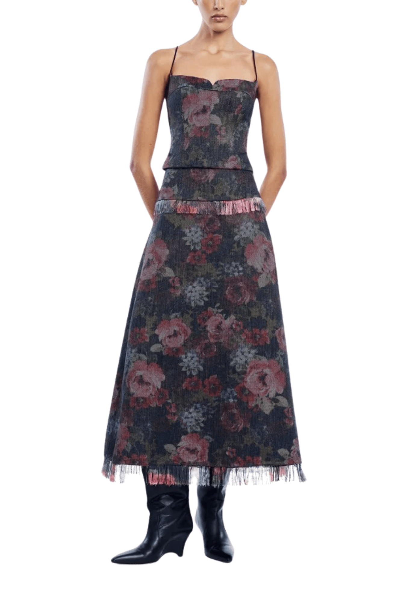 Lela Rose Floral Denim Bustier - Vermillion