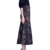 Lela Rose Floral Denim Trumpet Skirt - Vermillion