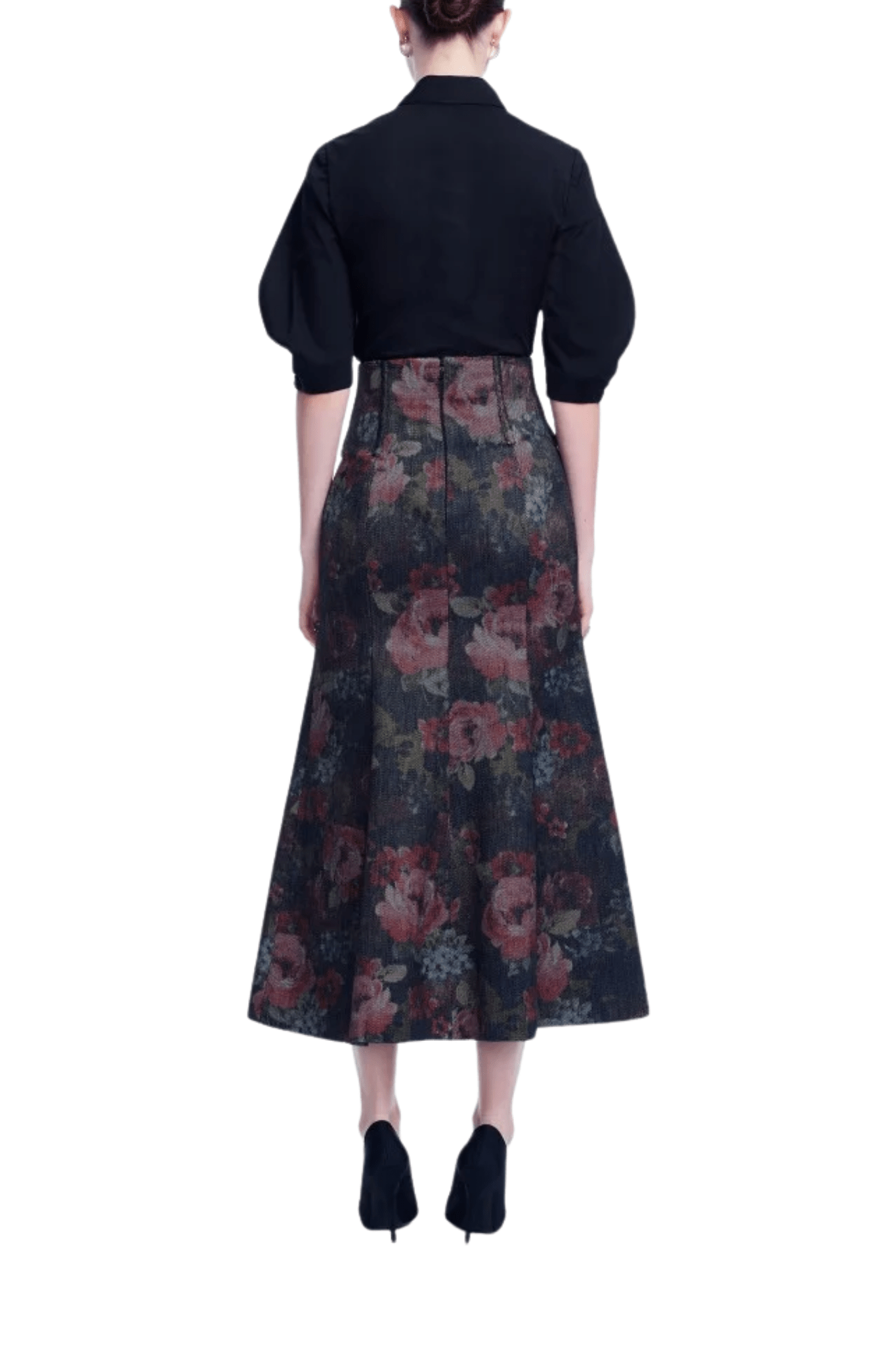 Lela Rose Floral Denim Trumpet Skirt - Vermillion