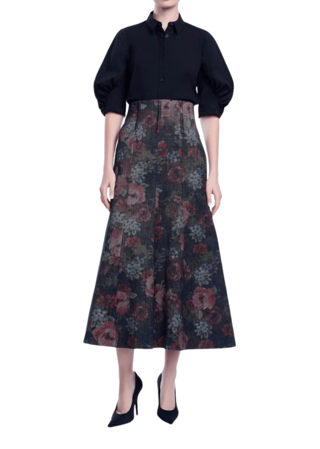 Lela Rose Floral Denim Trumpet Skirt - Vermillion