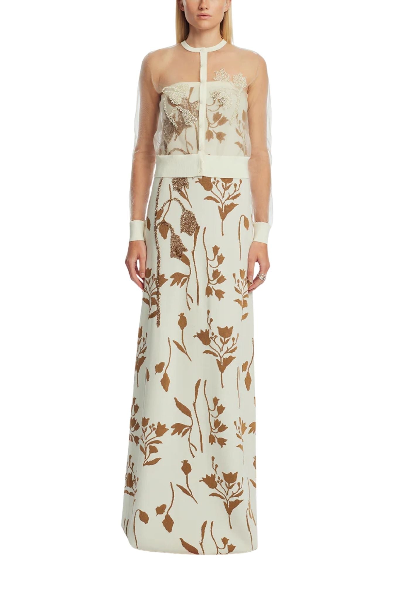 Lela Rose Floral Jacquard Knit Shee Beaded Cardigan Cream - Vermillion