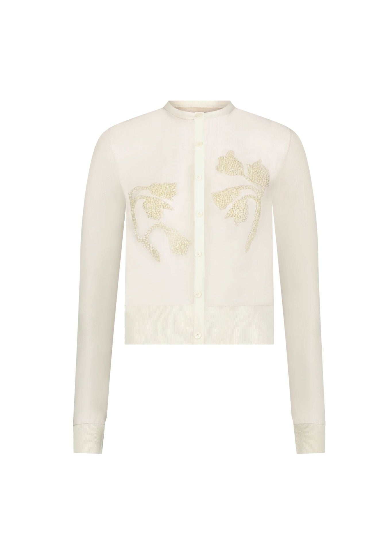 Lela Rose Floral Jacquard Knit Shee Beaded Cardigan Cream - Vermillion