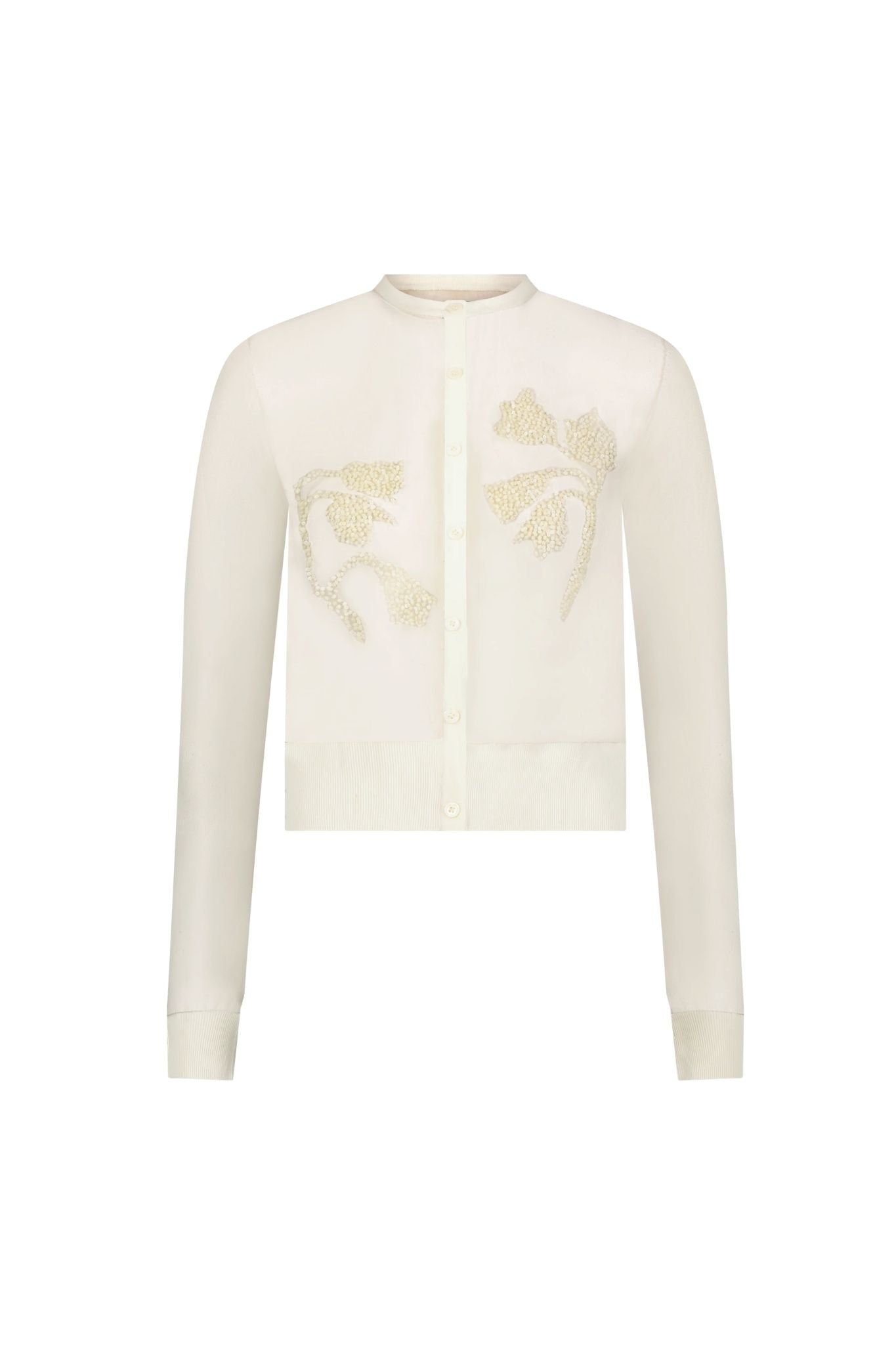 Lela Rose Floral Jacquard Knit Shee Beaded Cardigan Cream - Vermillion