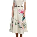 Lela Rose Floral Printed Canvas Embroidered Skirt - Vermillion