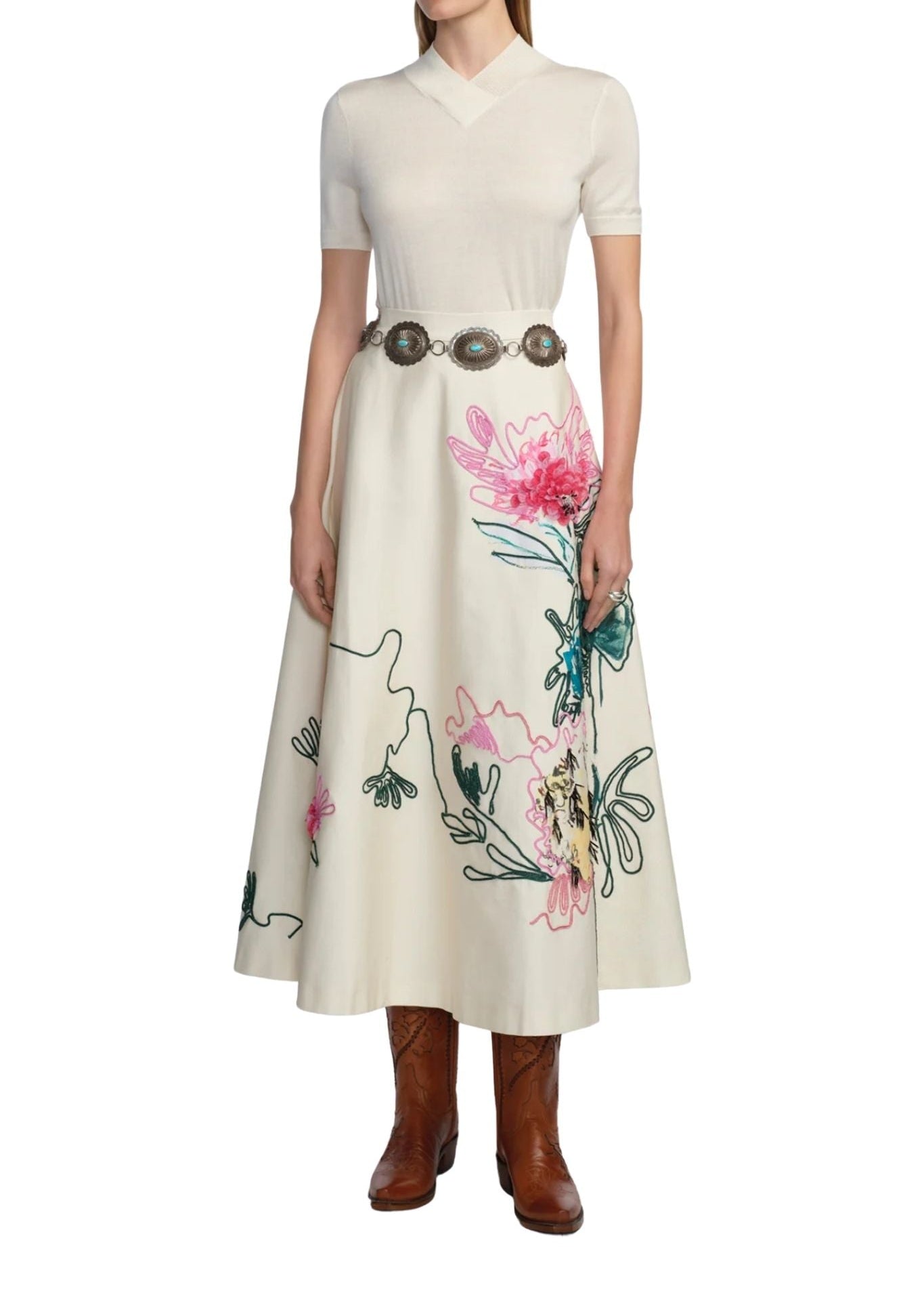 Lela Rose Floral Printed Canvas Embroidered Skirt - Vermillion
