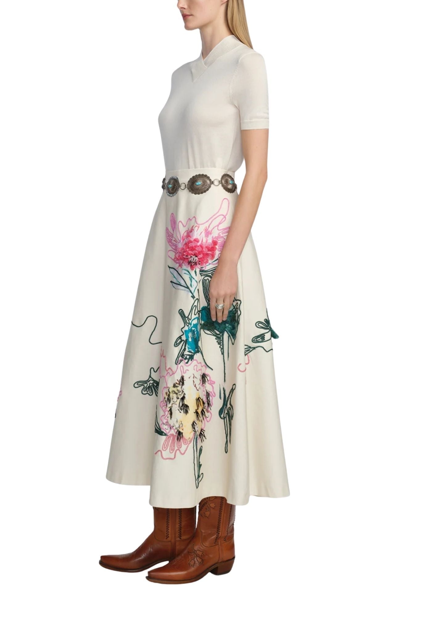 Lela Rose Floral Printed Canvas Embroidered Skirt - Vermillion