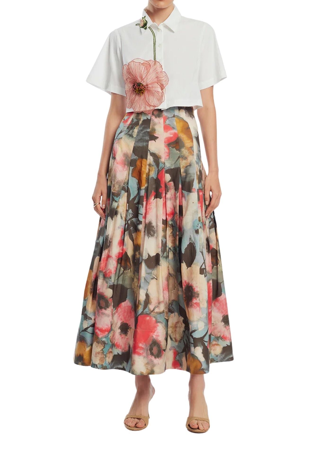 Lela Rose Floral Printed Cotton Full Skirt - Vermillion