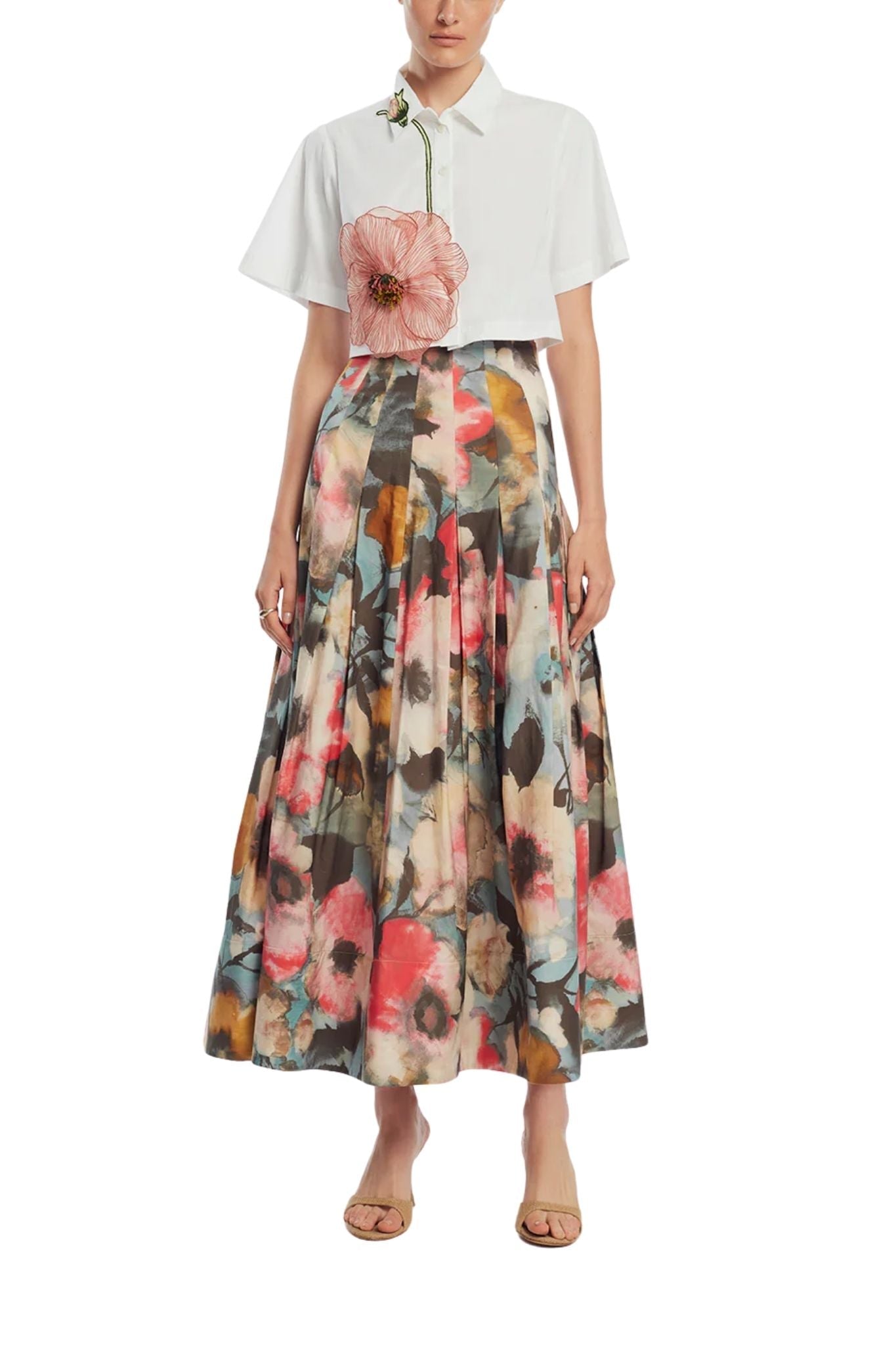 Lela Rose Floral Printed Cotton Full Skirt - Vermillion