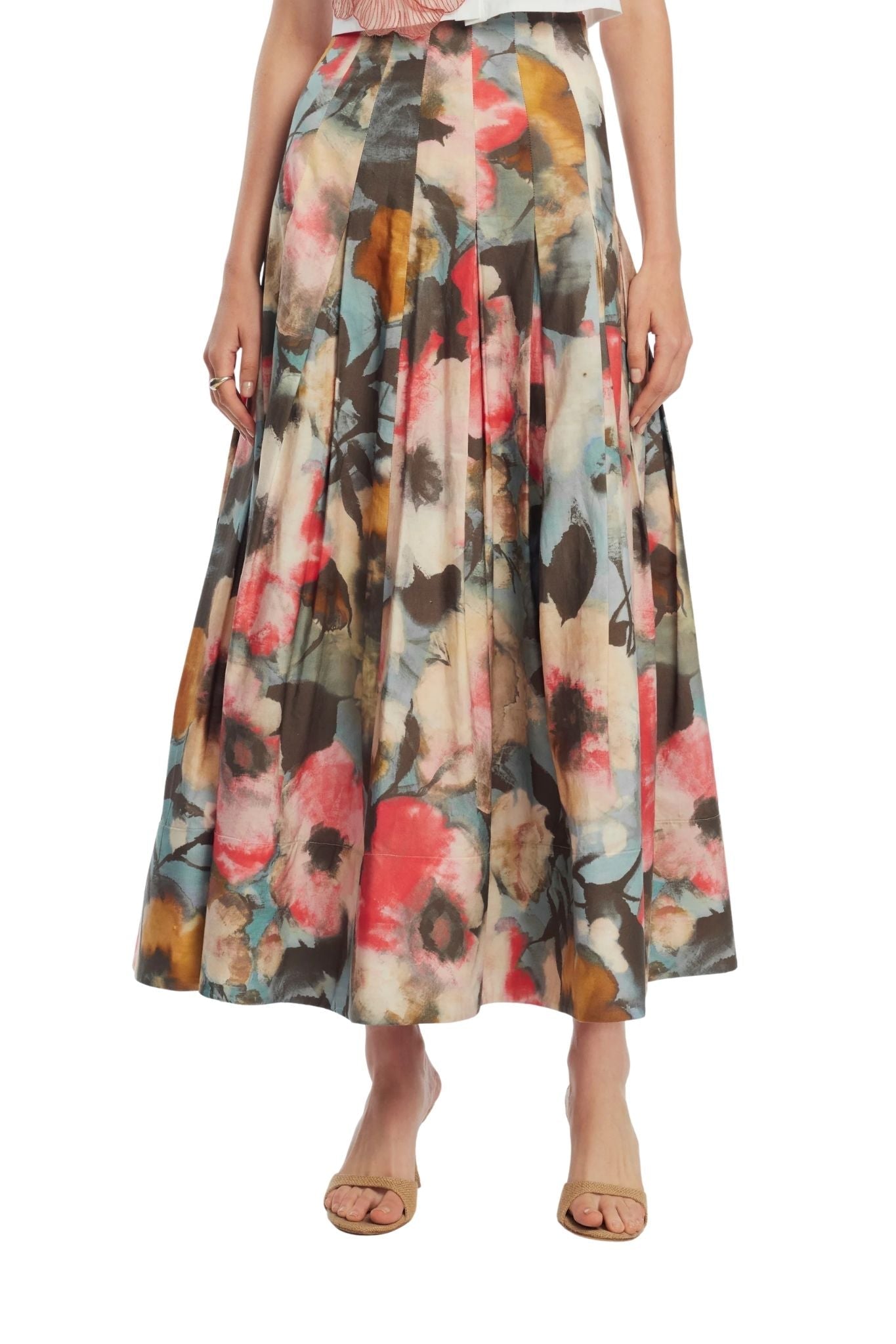 Lela Rose Floral Printed Cotton Full Skirt - Vermillion