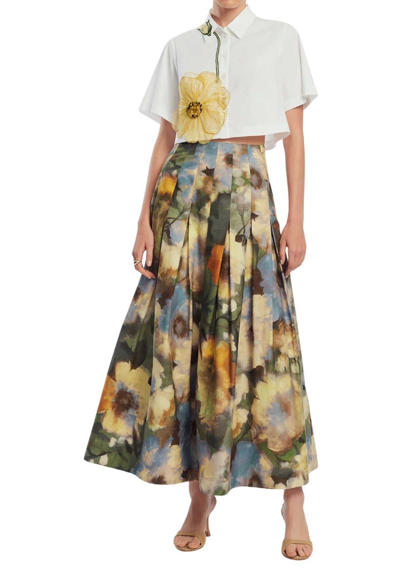 Lela Rose Floral Printed Cotton Full Skirt - Vermillion