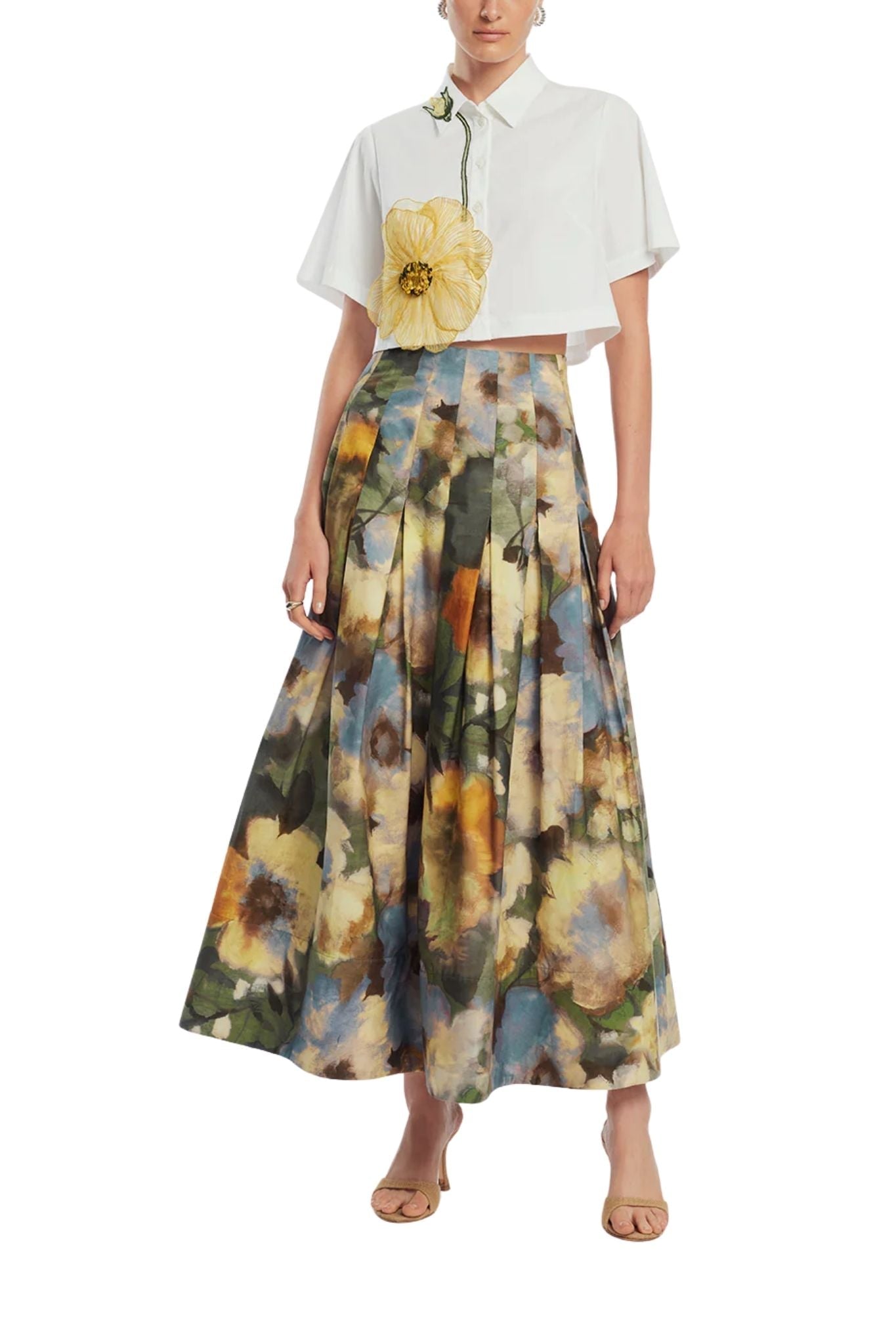 Lela Rose Floral Printed Cotton Full Skirt - Vermillion