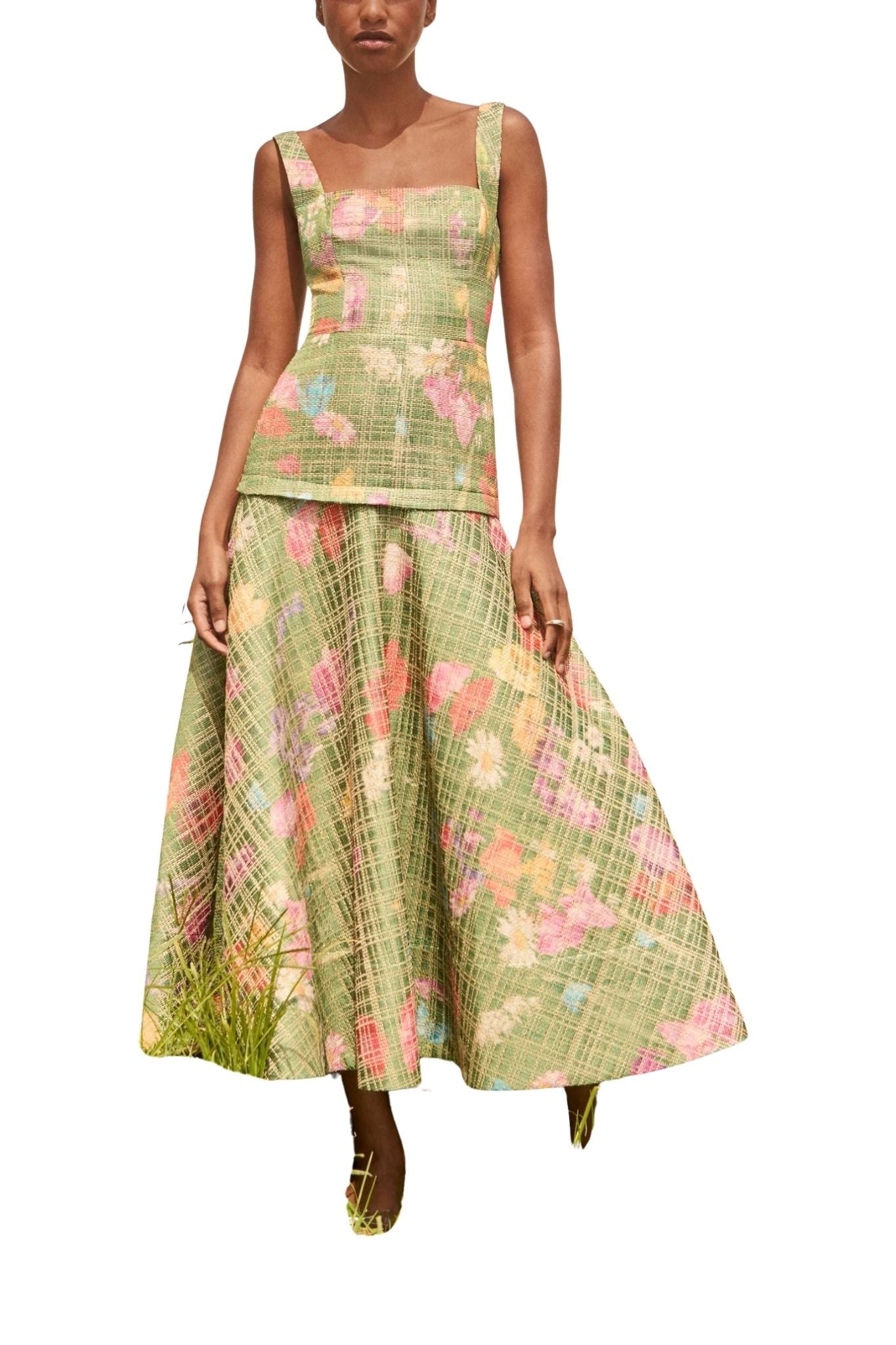 Lela Rose Floral Raffia Flounce Dress - Vermillion