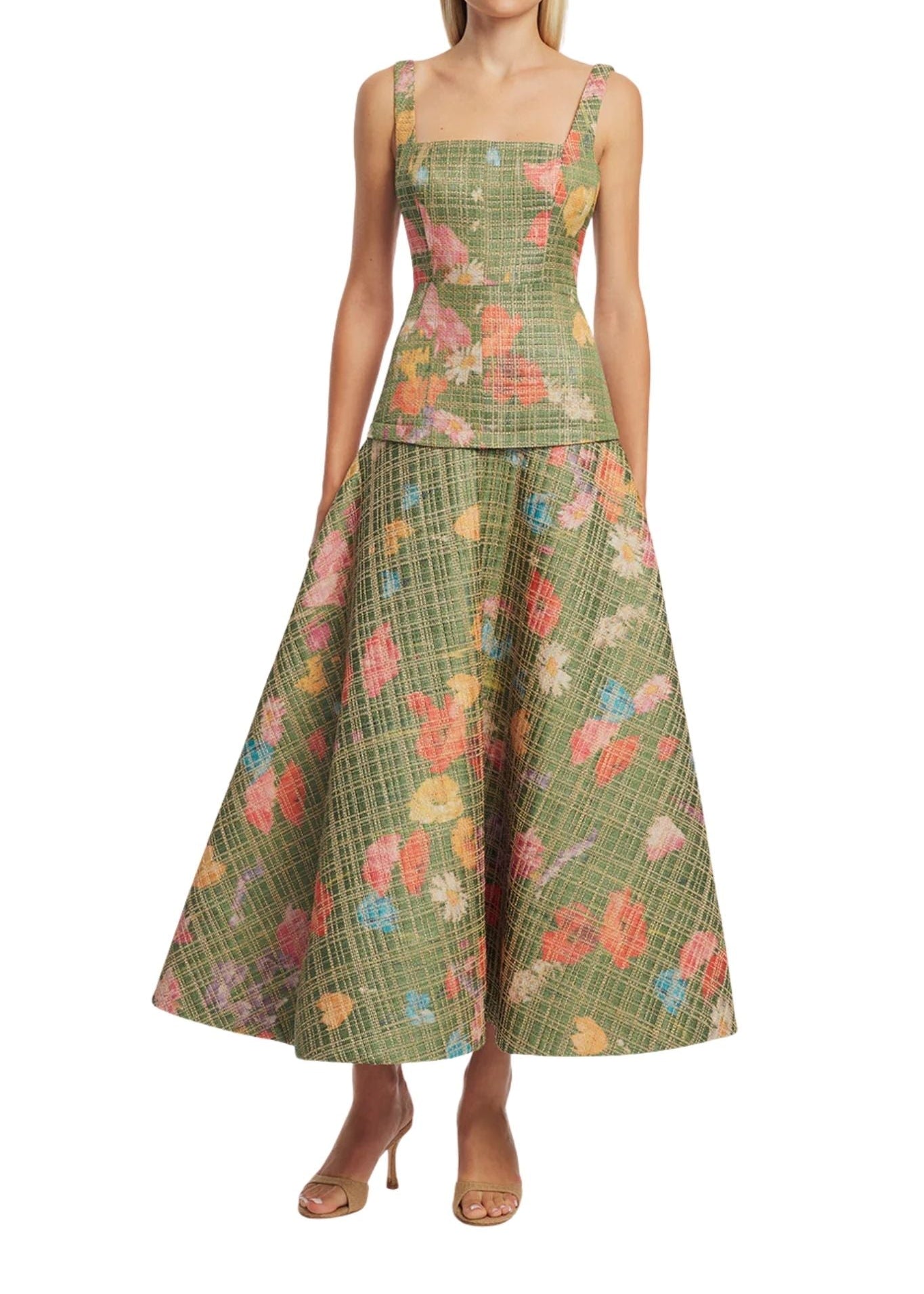 Lela Rose Floral Raffia Flounce Dress - Vermillion