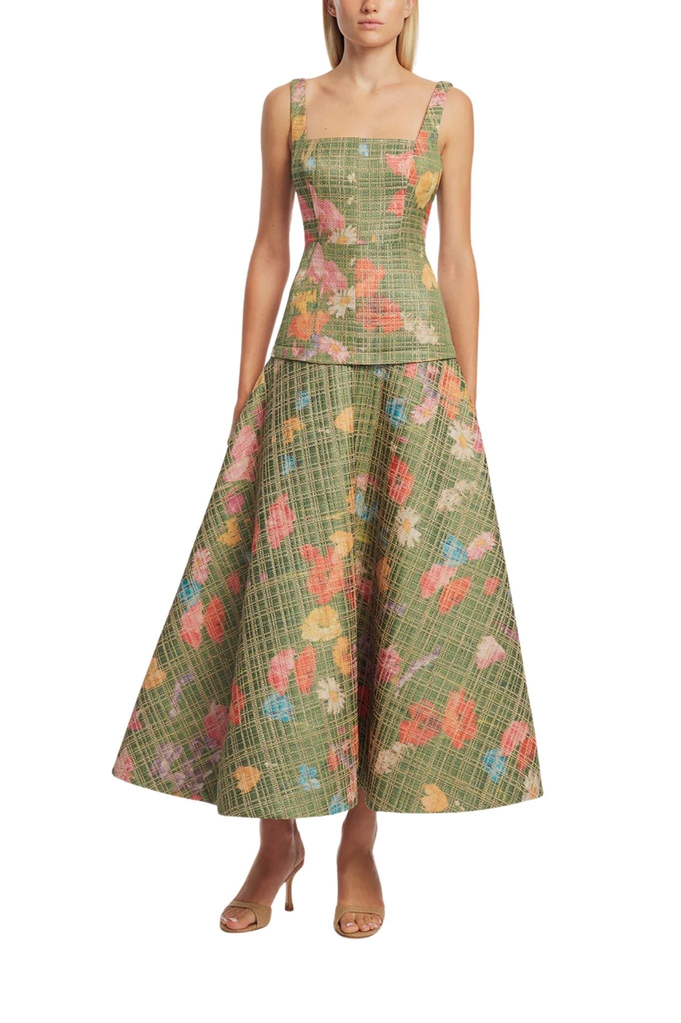 Lela Rose Floral Raffia Flounce Dress - Vermillion