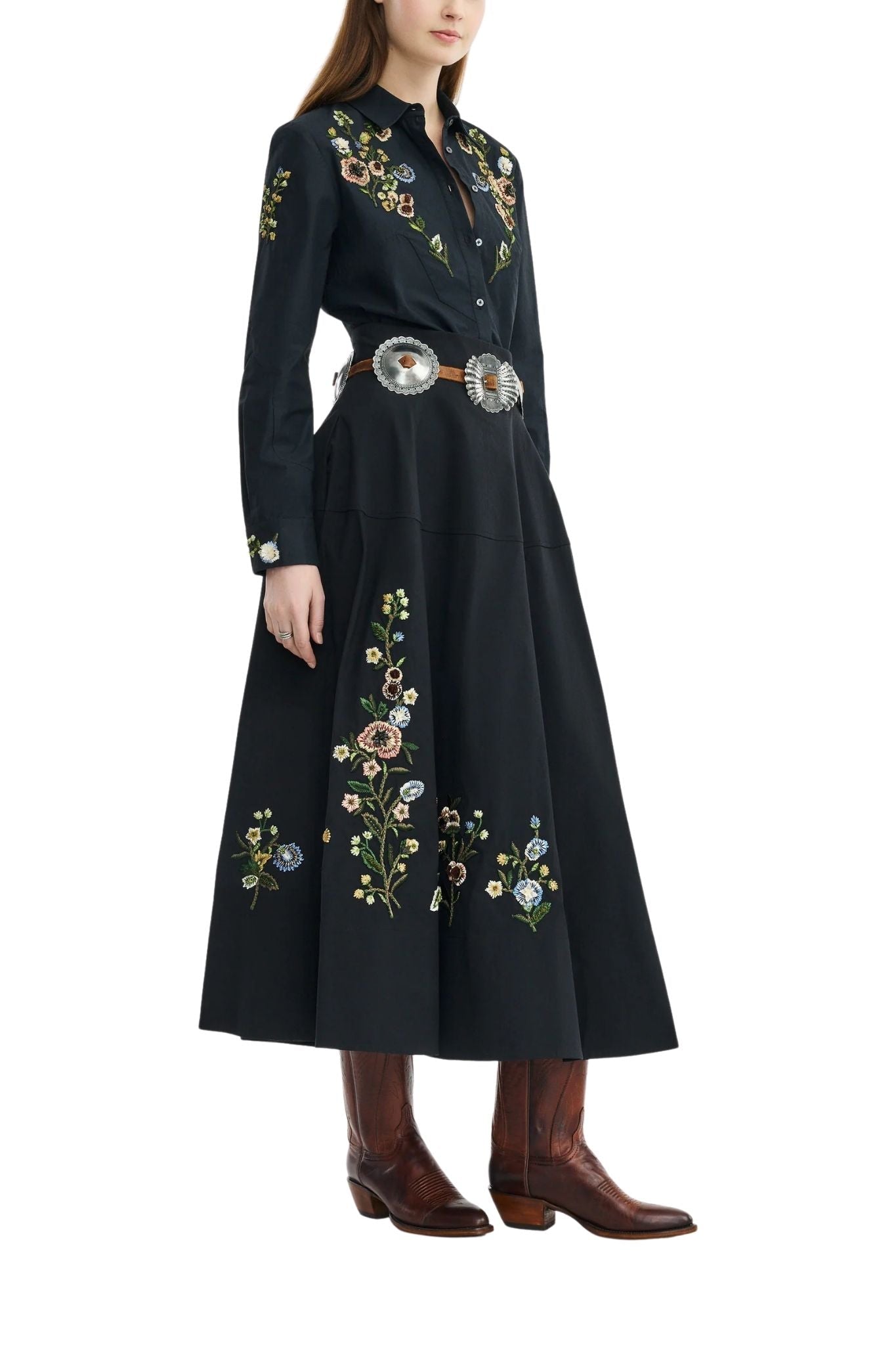 Lela Rose Floral Thread Embroidered Cotton Poplin Skirt - Vermillion