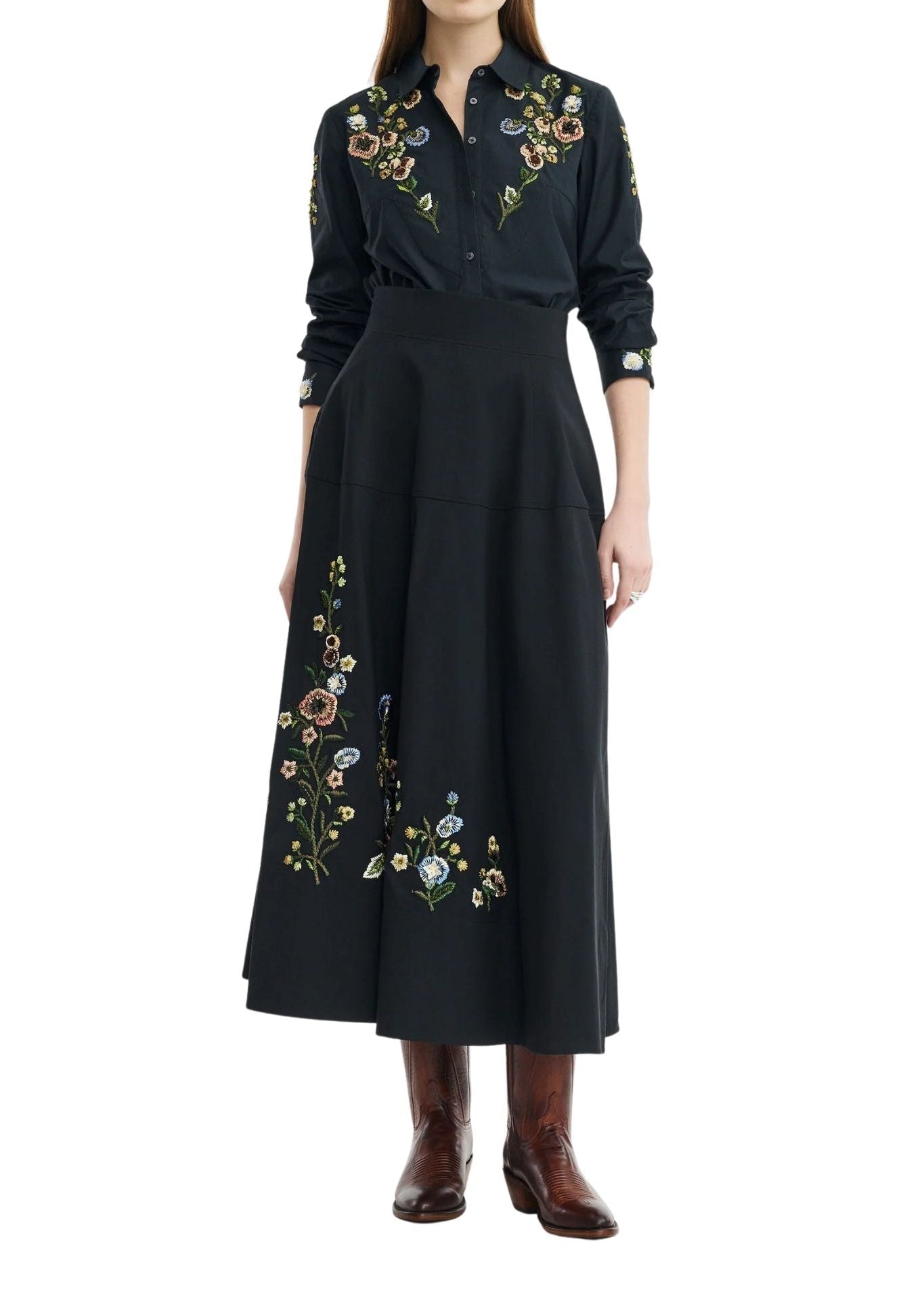 Lela Rose Floral Thread Embroidered Cotton Poplin Skirt - Vermillion