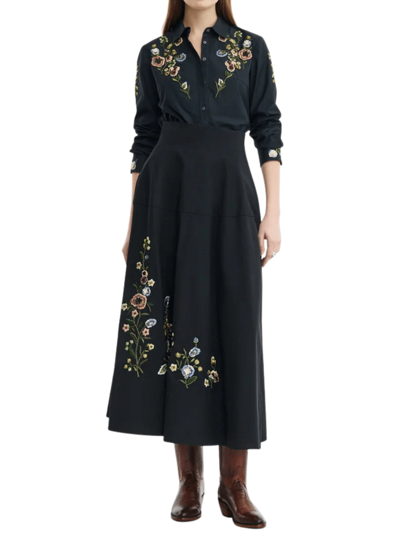 Lela Rose Floral Thread Embroidered Cotton Poplin Skirt - Vermillion