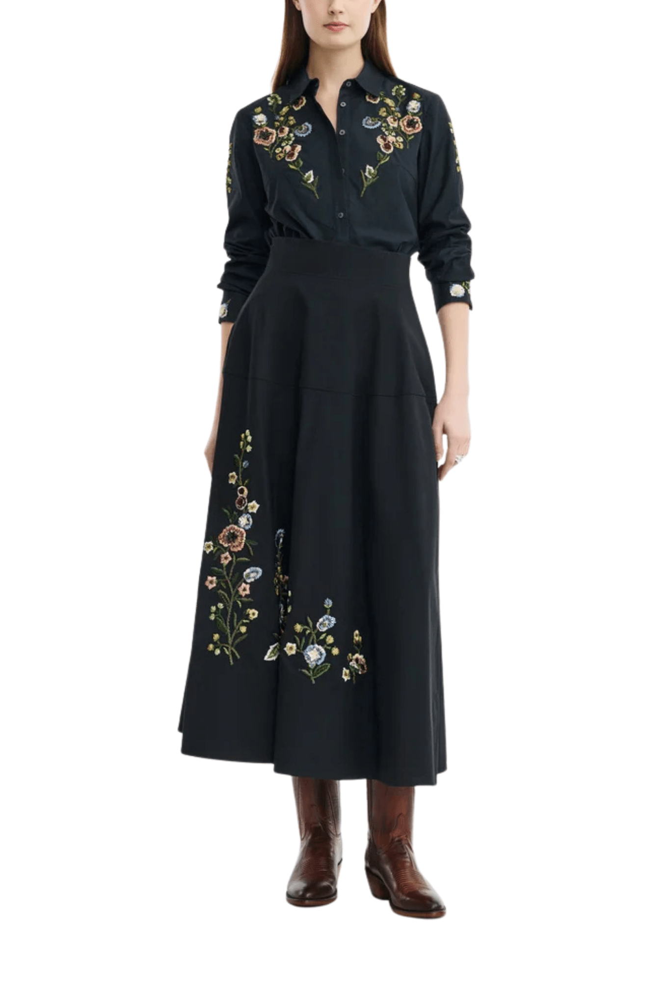 Lela Rose Floral Thread Embroidered Cotton Poplin Skirt - Vermillion