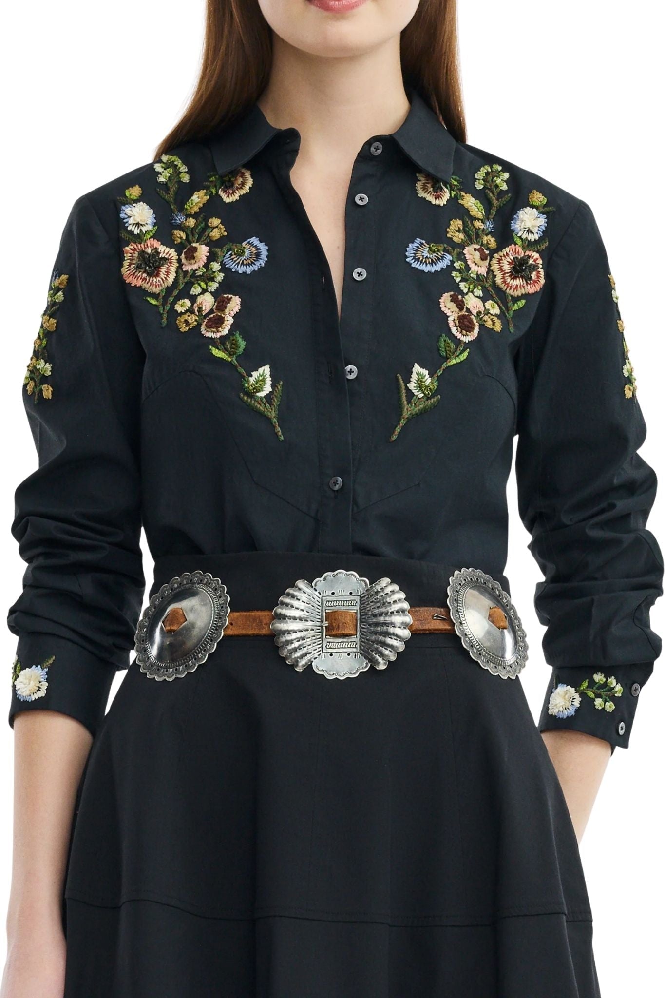 Lela Rose Floral Thread Embroidered Cotton Shirt - Vermillion