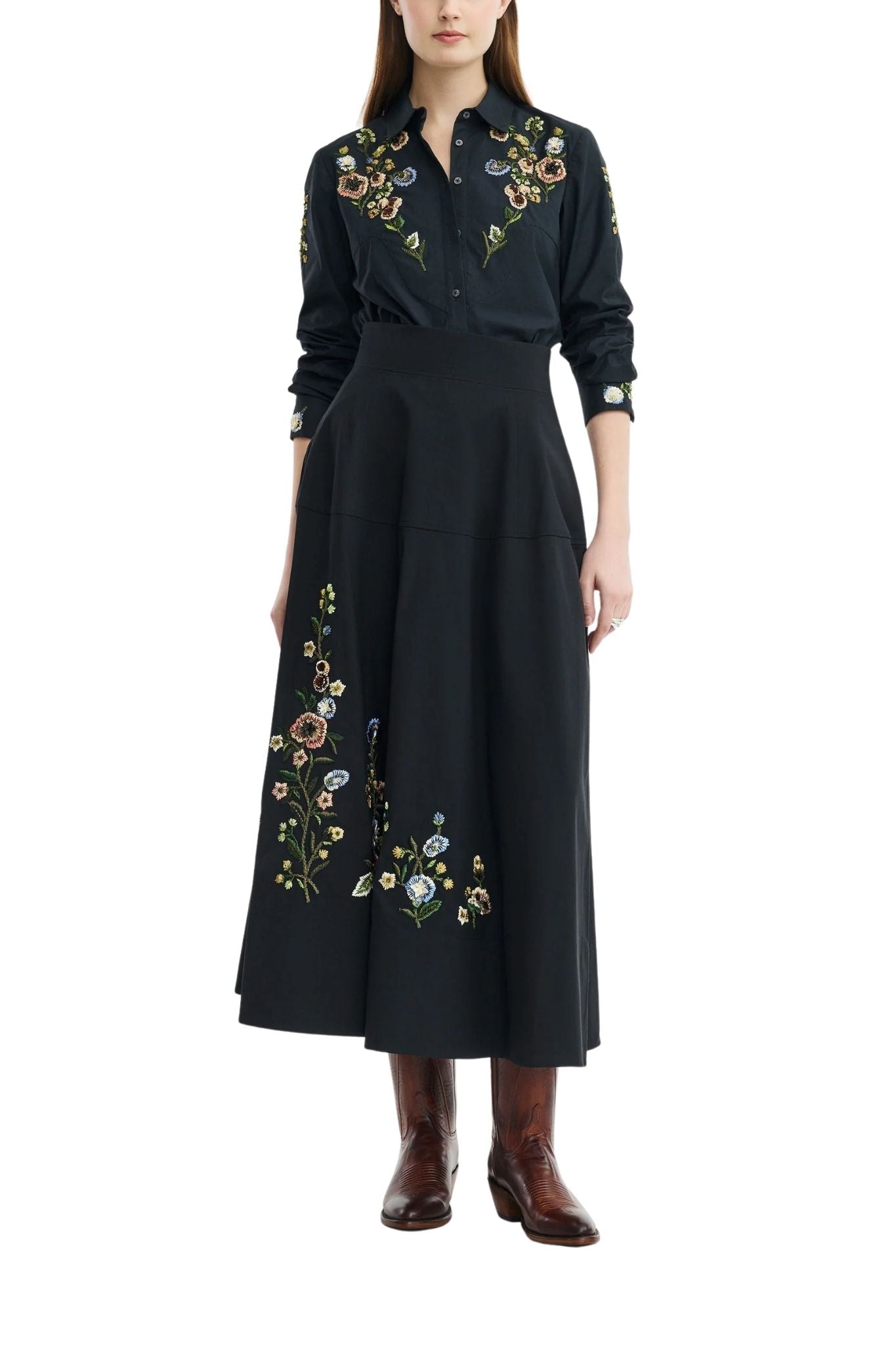 Lela Rose Floral Thread Embroidered Cotton Shirt - Vermillion