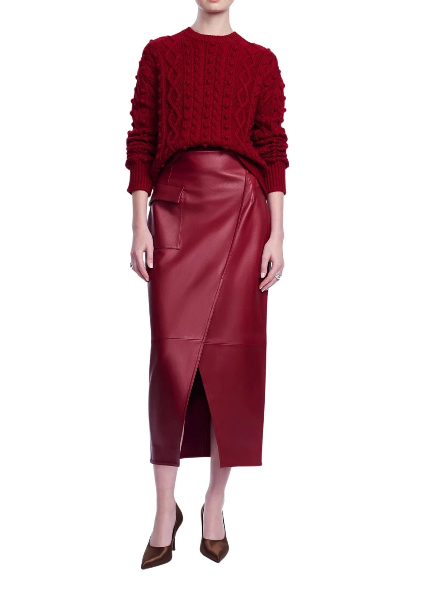 Lela Rose Leather Asymmetrical Pencil Skirt - Vermillion