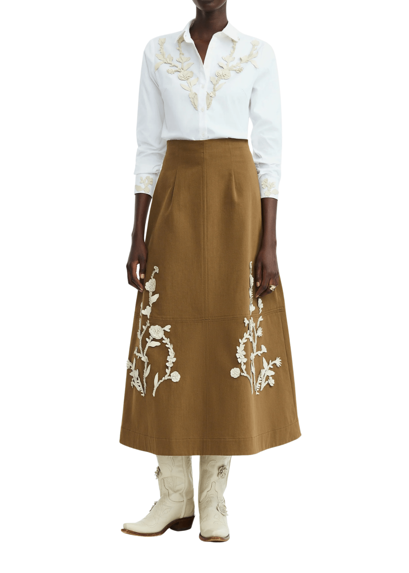 Lela Rose Leather Floral Embroidered Rustic Stretch Skirt - Vermillion